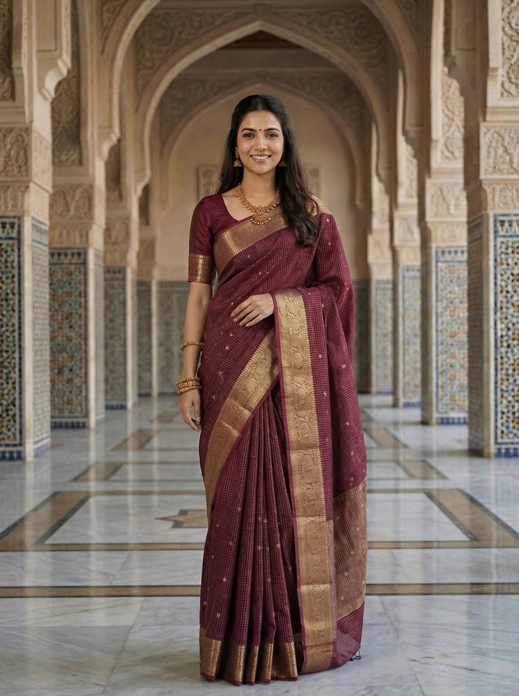Gerogette Banarasi Maroon Saree with Gold Zari Butta and Rich Woven Border