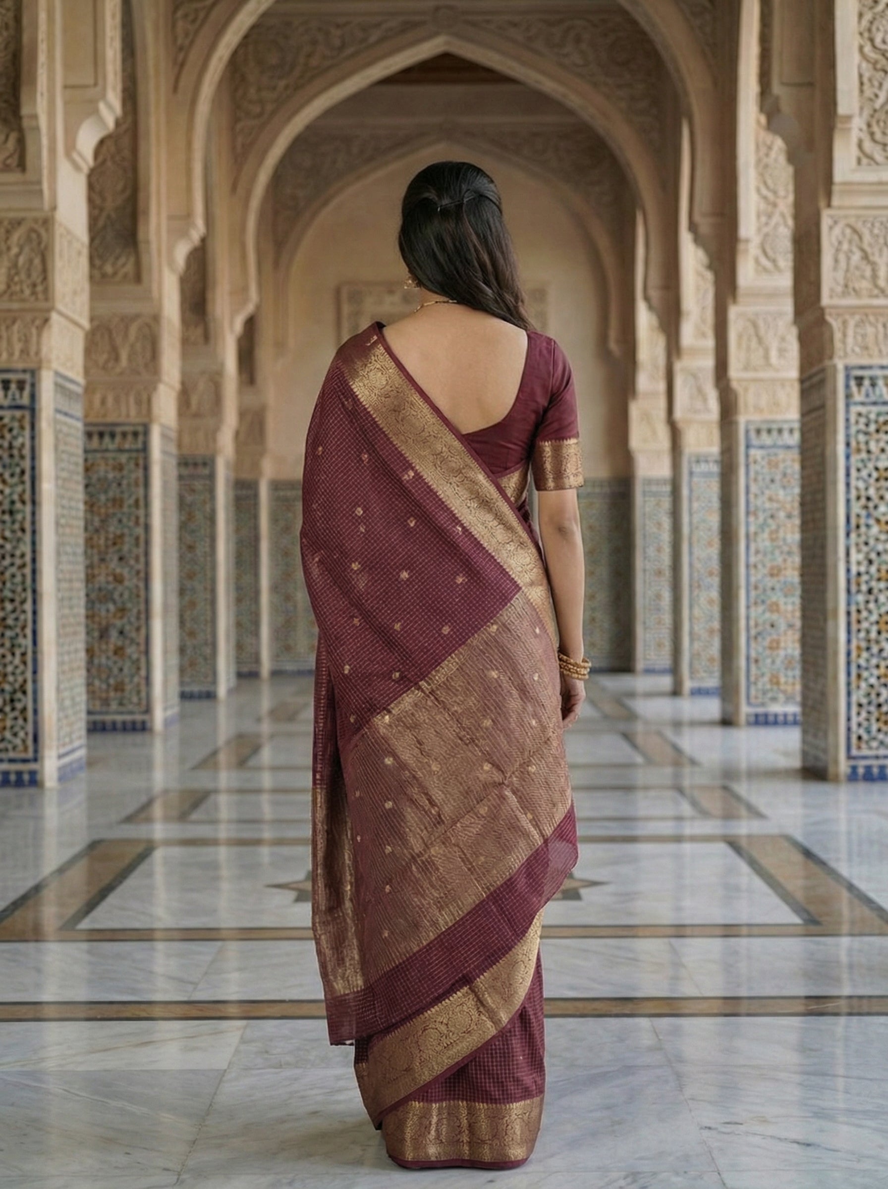 Gerogette Banarasi Maroon Saree with Gold Zari Butta and Rich Woven Border