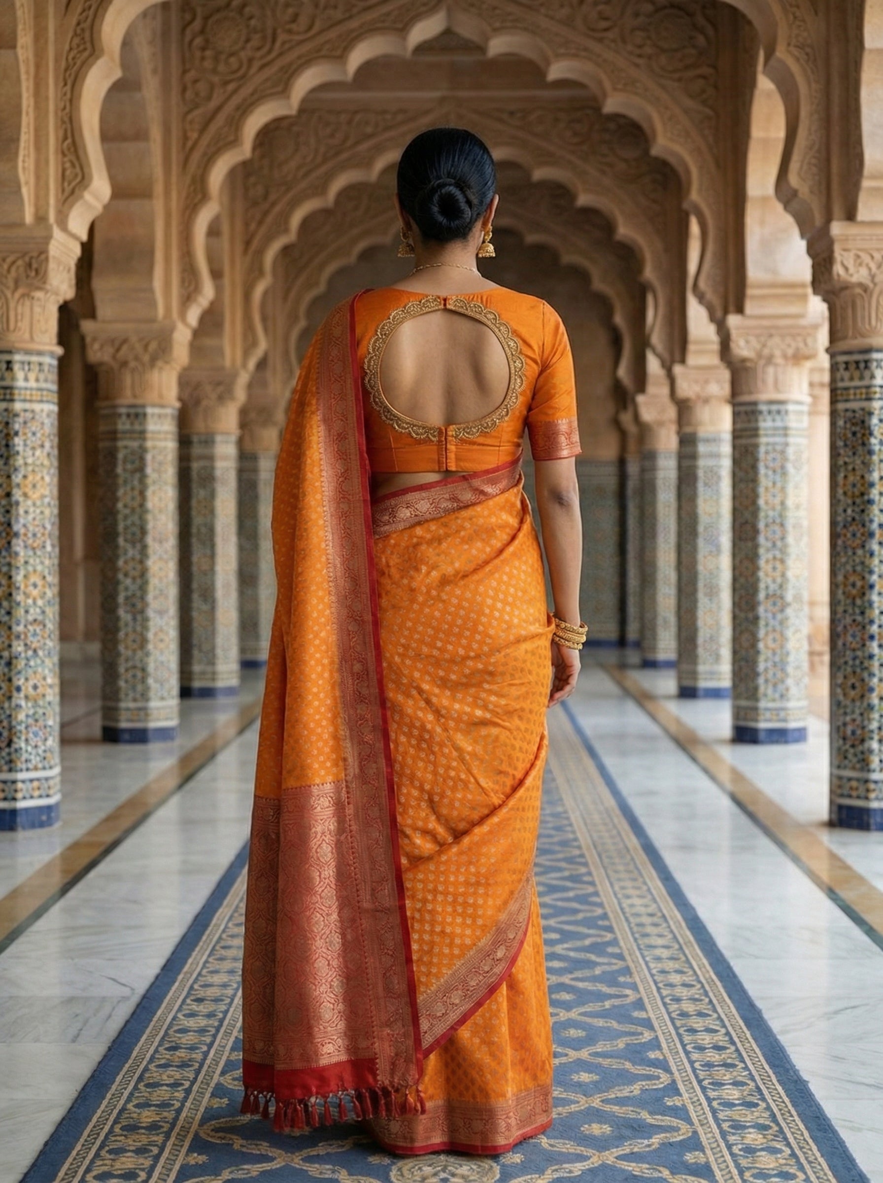 Georgette Banarasi Vibrant Orange Saree with Gold Butta and Rich Red Zari Border