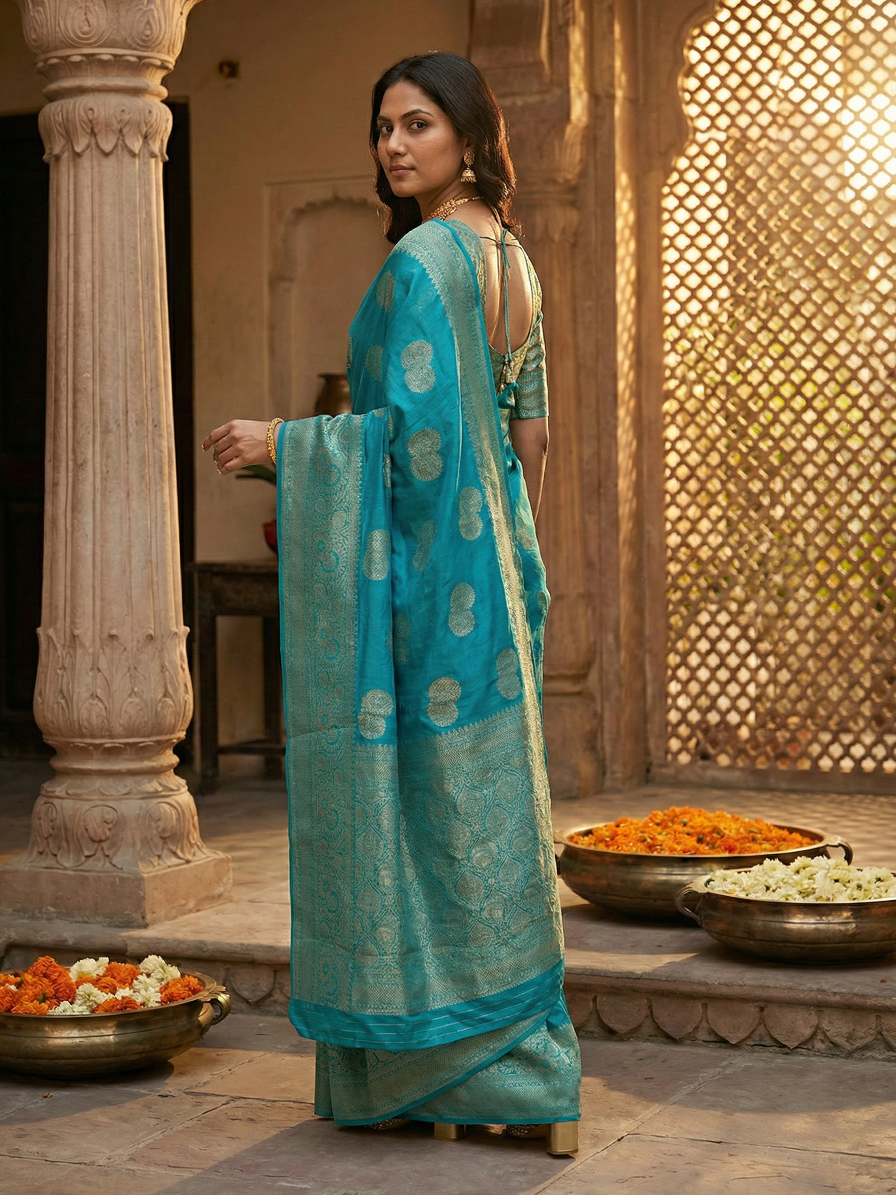Georgette Banarasi  Turquoise Zari Butti Saree