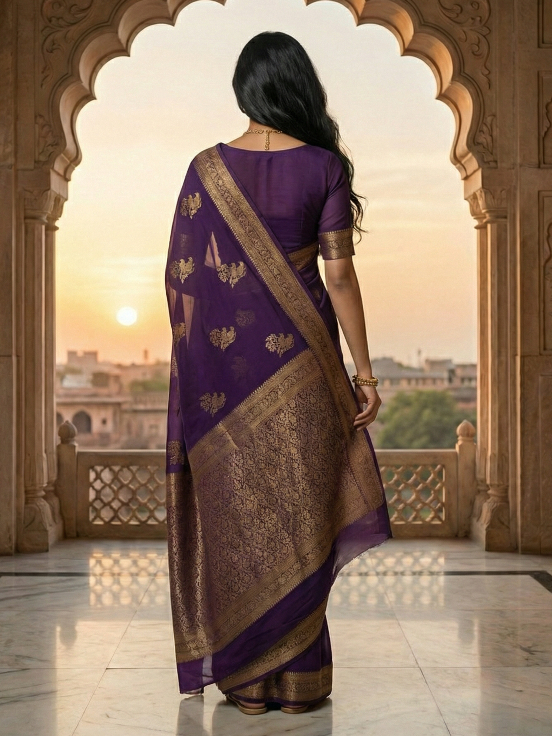 Georgette Banarasi Royal Purple Gold Zari Weaving Saree