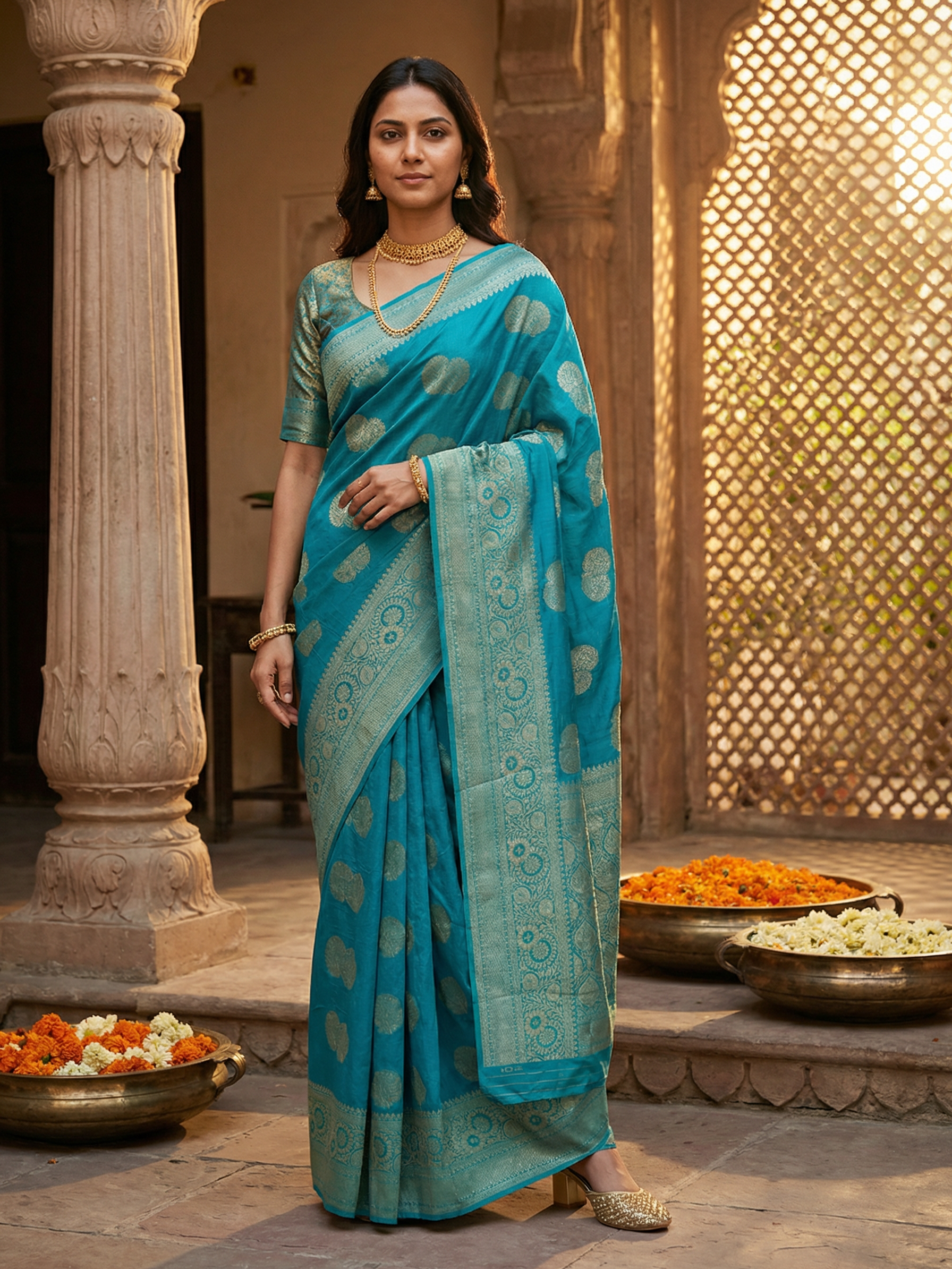 Georgette Banarasi  Turquoise Zari Butti Saree
