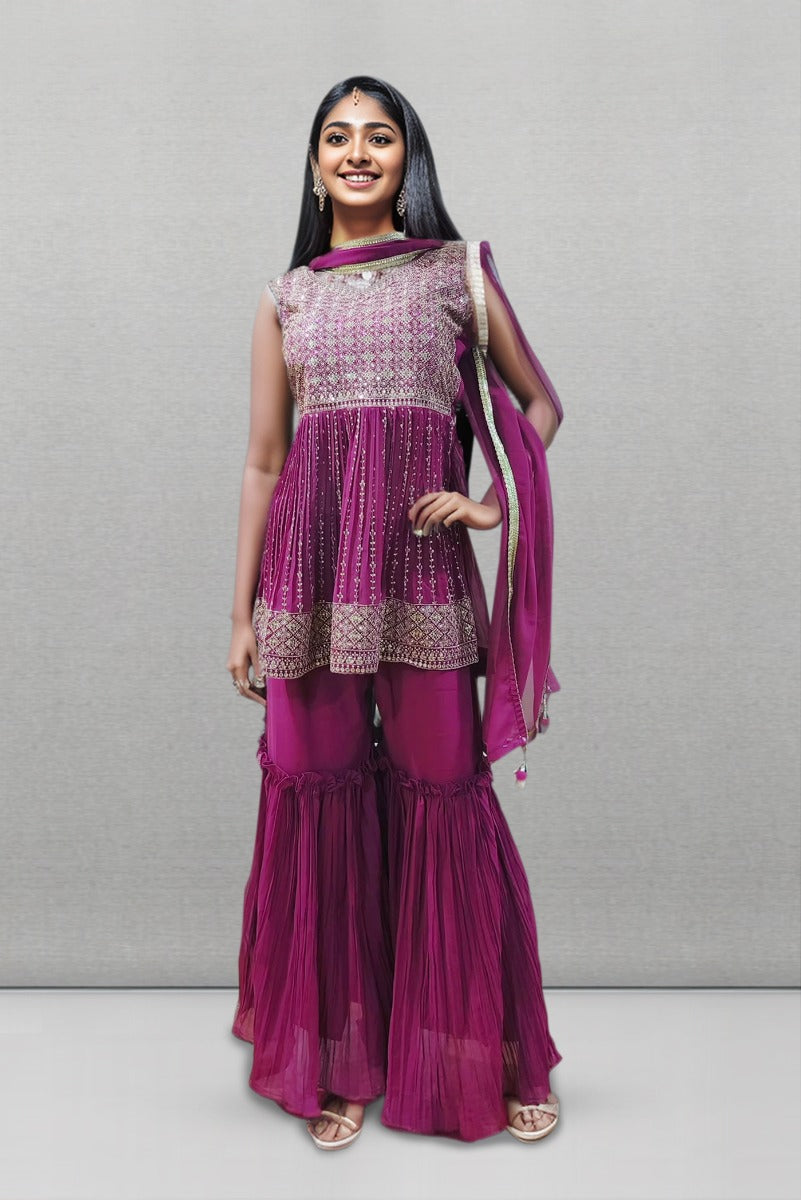 Magenta Purple Chiffon Sharara Set With Stone Work Over Top