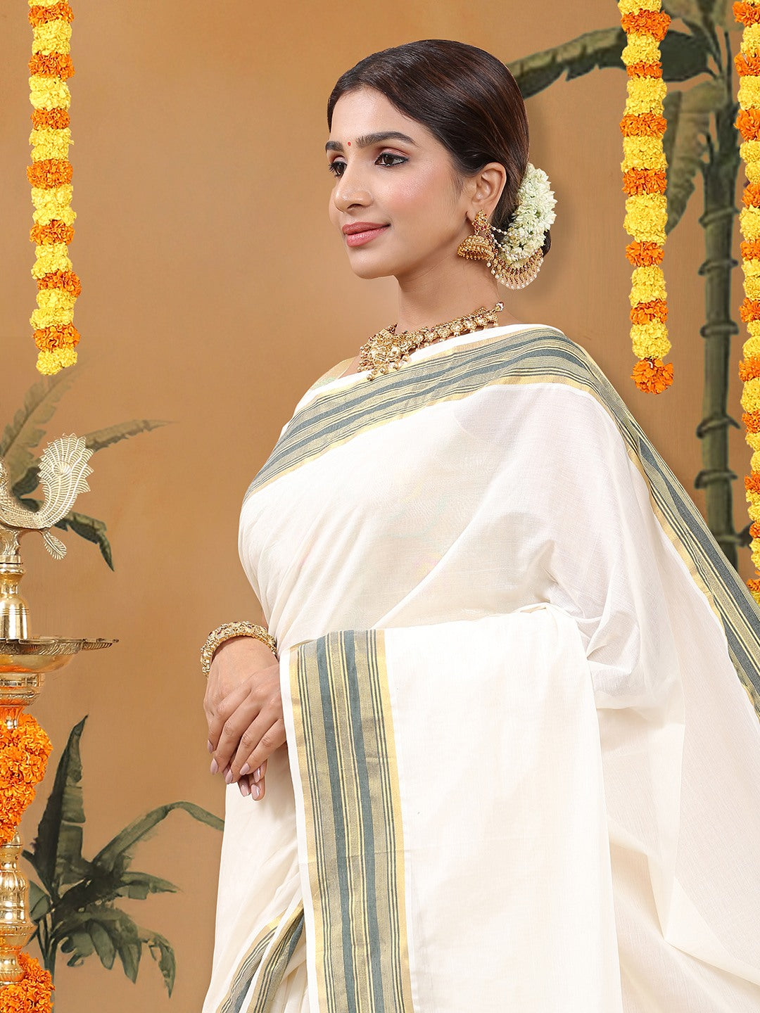 Cotton Off-White Set Saree with Dark Green Stripes On Golden Kasavu Border