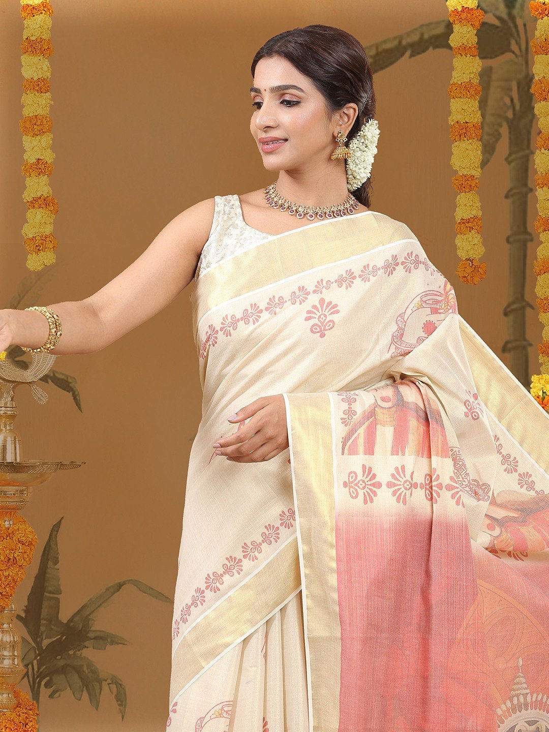 Kalyan Silks Golden Tissue Set Saree with Red Printed Hand Motifs and Kathak Dancer On Red Pallu