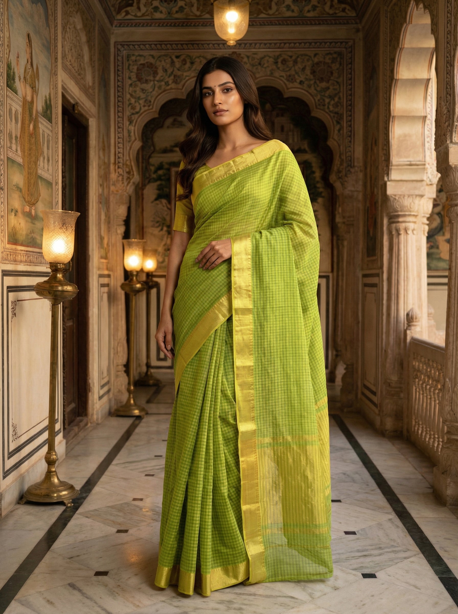 Parrot Green Cotton Saree With Yellow Check Design