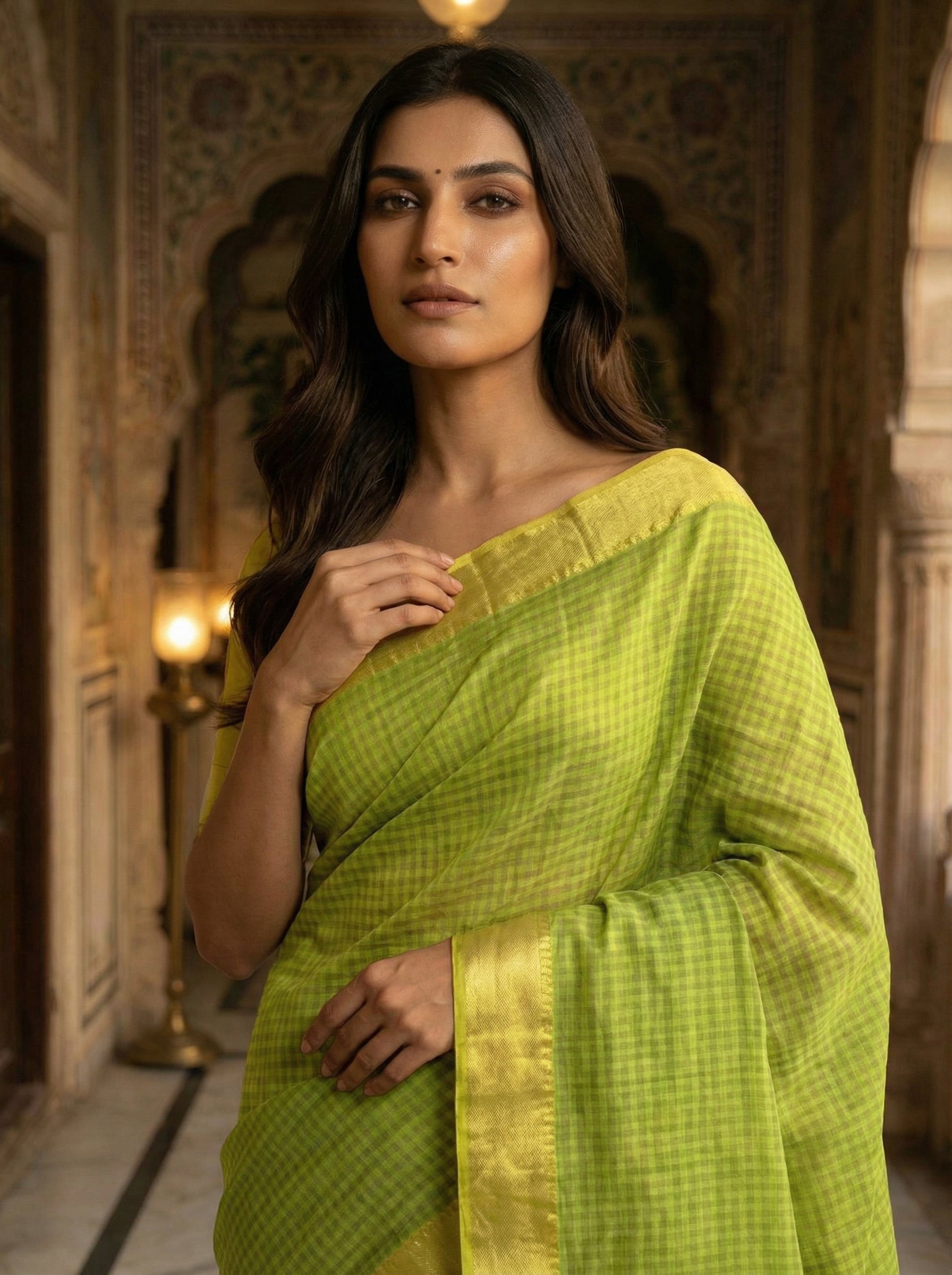 Parrot Green Cotton Saree With Yellow Check Design