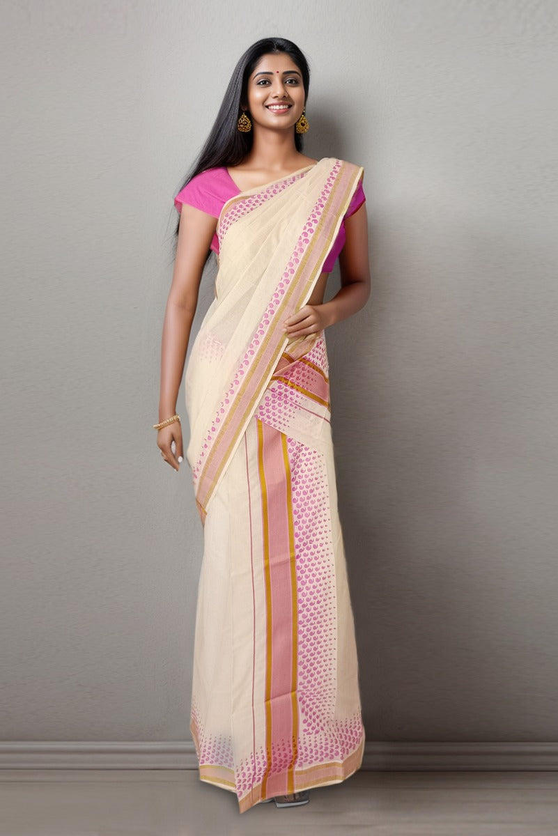 Off White & Pink Color Cotton Set Mundu With Print Design