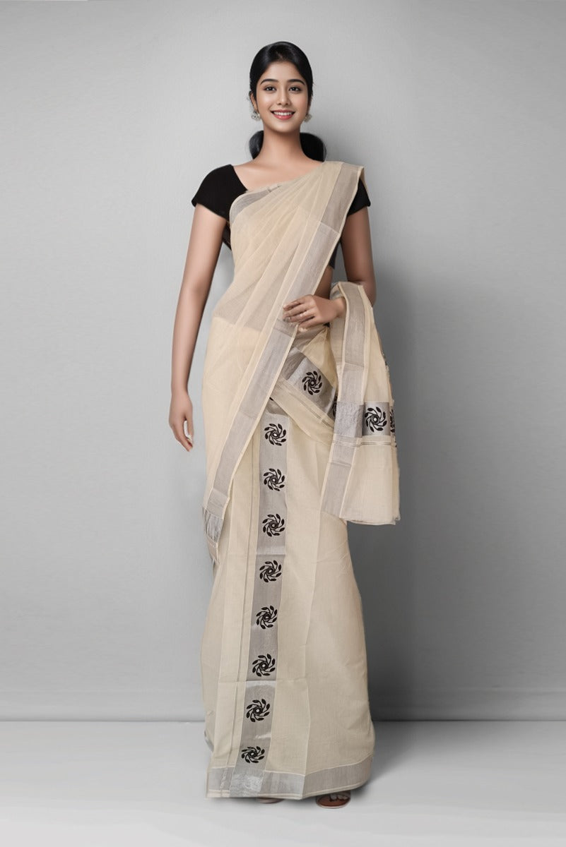 Off White And Black Color Tissue Set Mundu With Thread Work