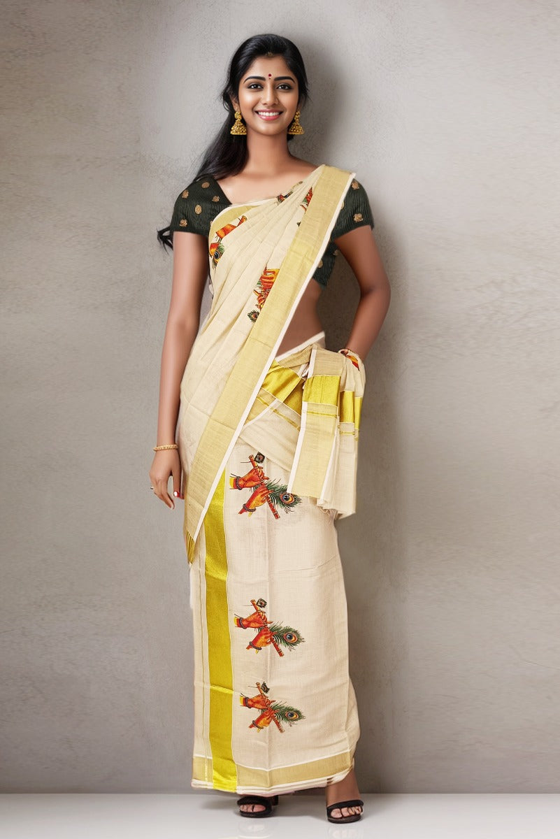 Golden Color Tissue Set Mundu With Print Design