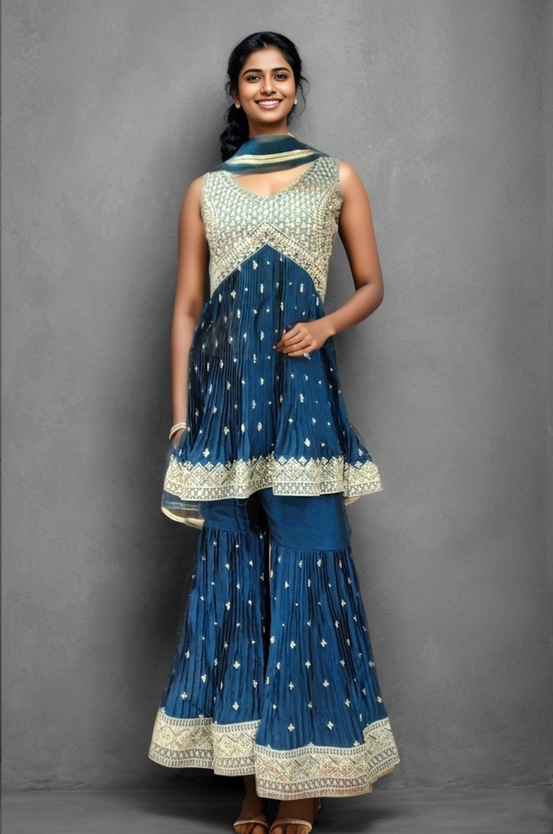 Peacock Blue Thread&Mirror Work Georgette Sharara