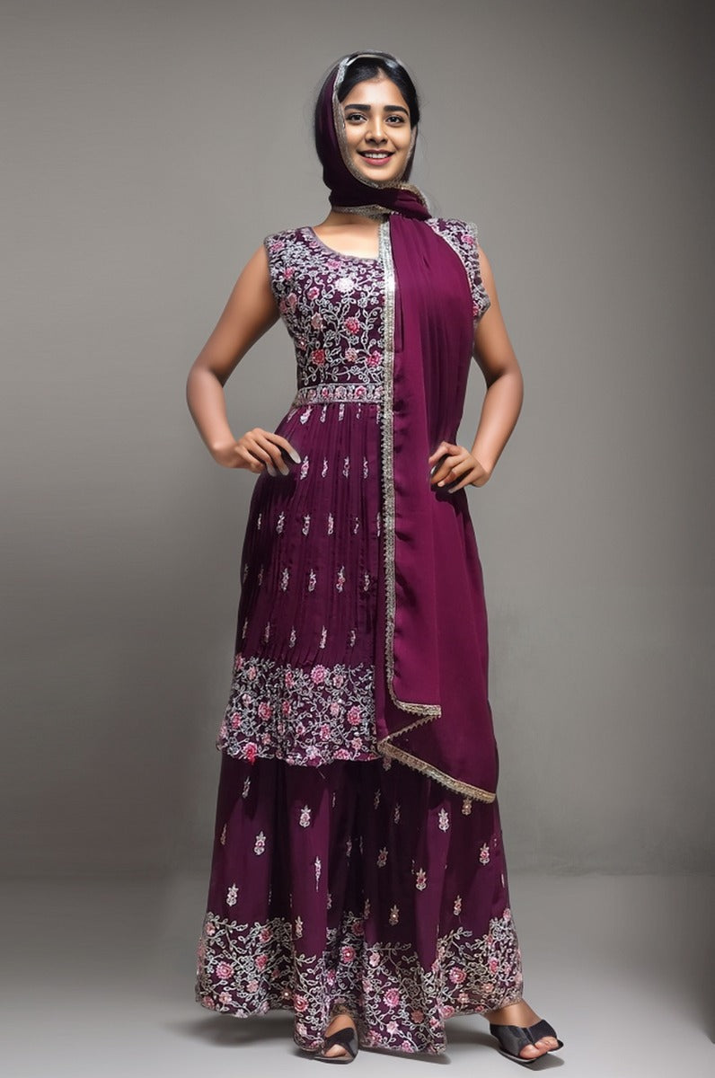 Purple Sleeveless Georgette Sharara