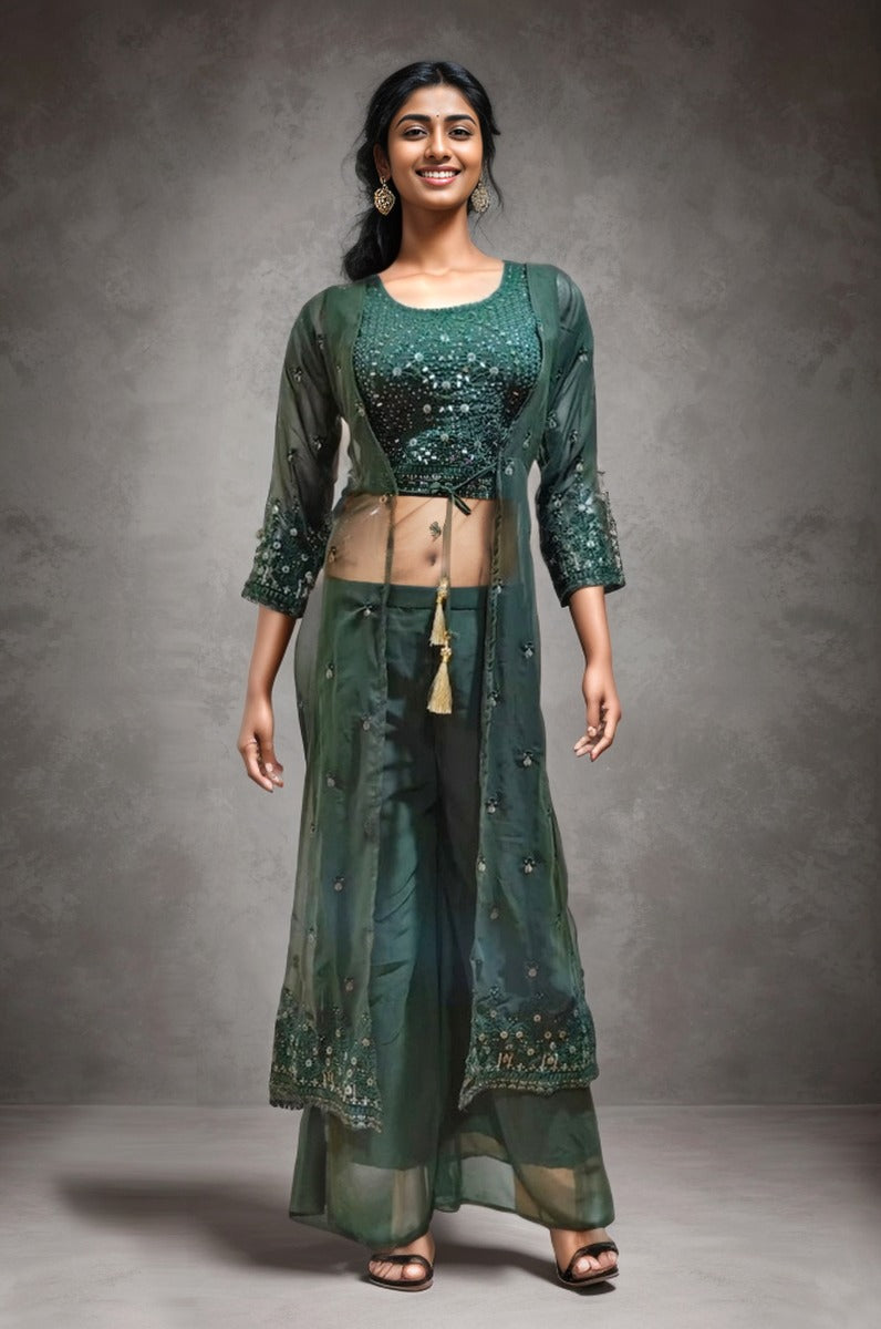 Green Sequence And Thread Work Sharara