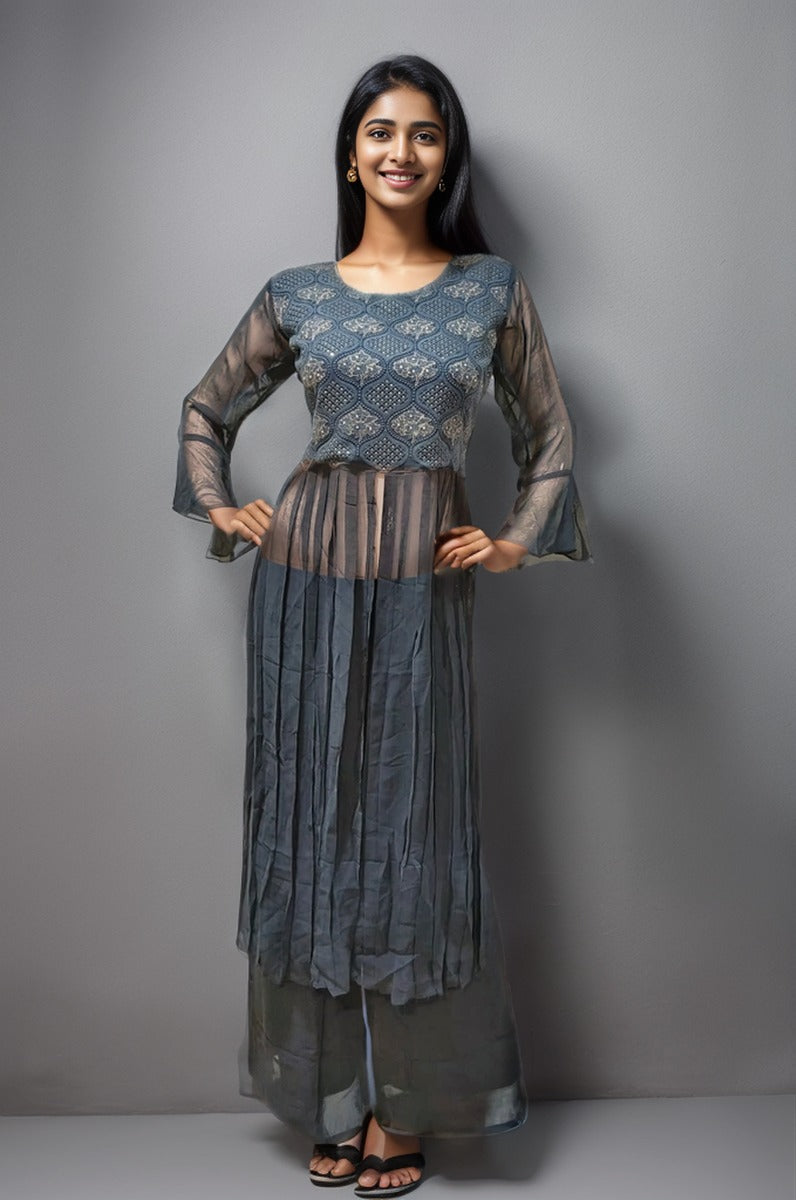 Thread Work Grey Chiffon Sharara