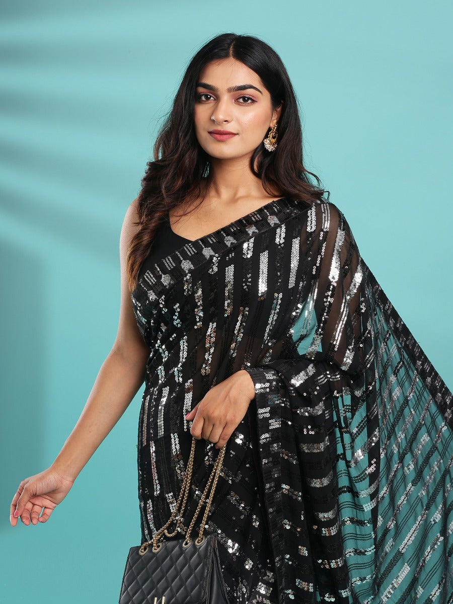 black & silver sequence work fancy saree