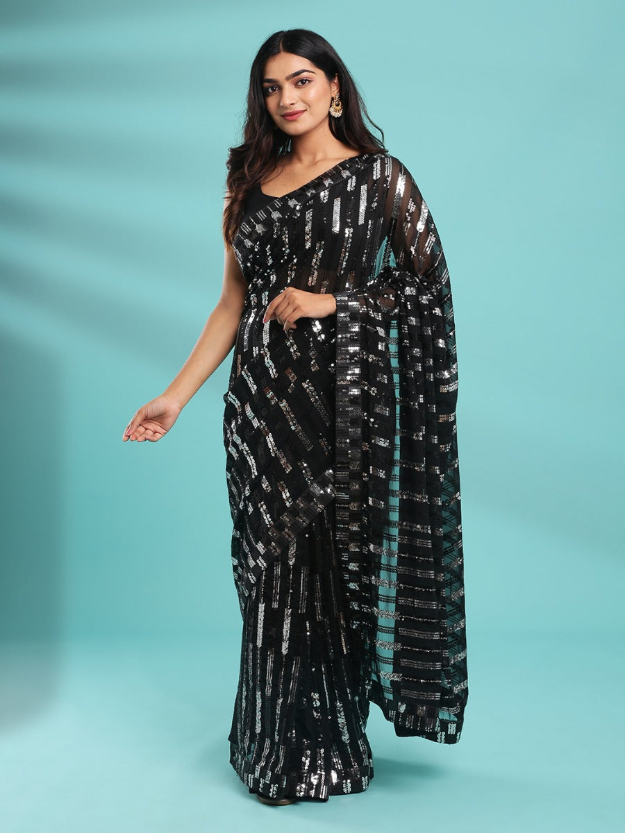 black & silver sequence work fancy saree