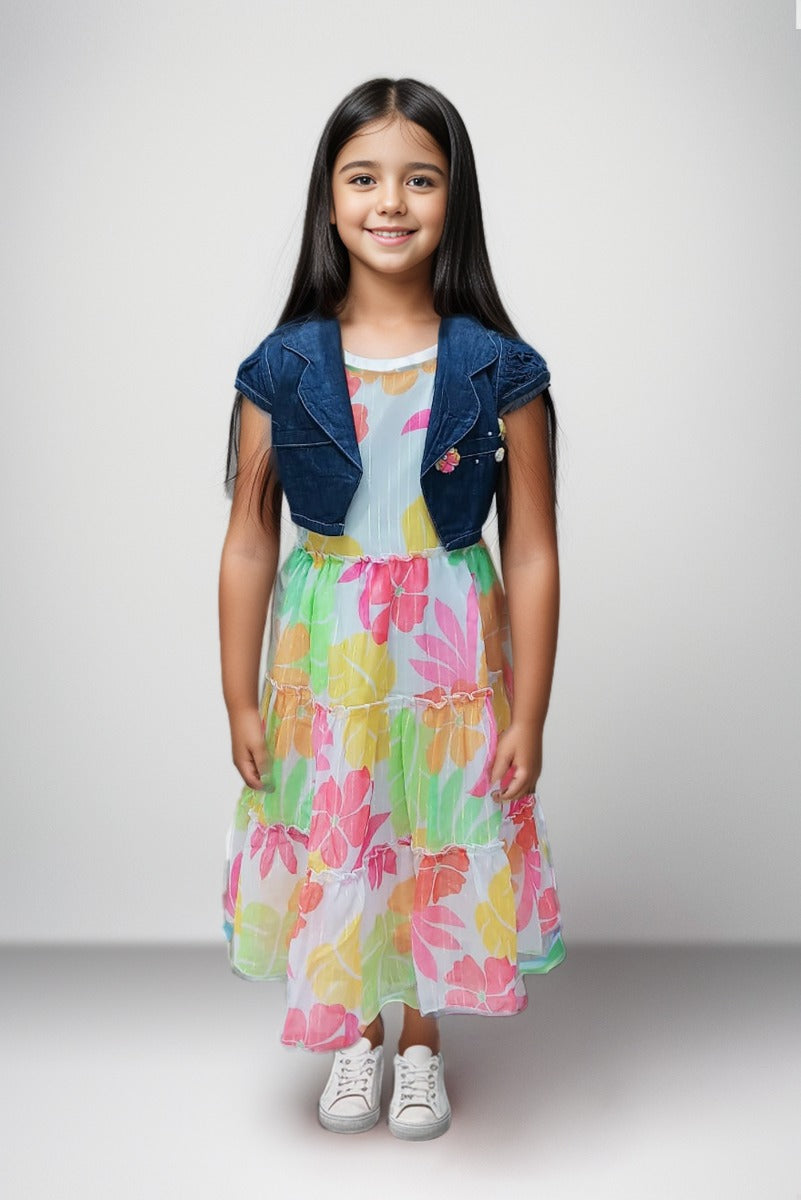 White & Blue Georgette Frock With Over Coat