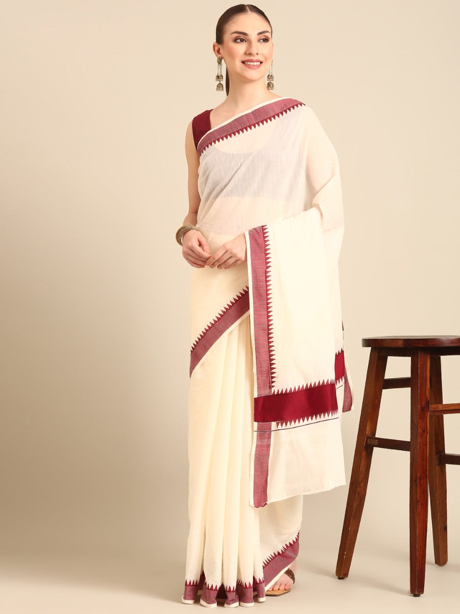 Cream-Colored And Maroon Kasavu Saree With Printed Border