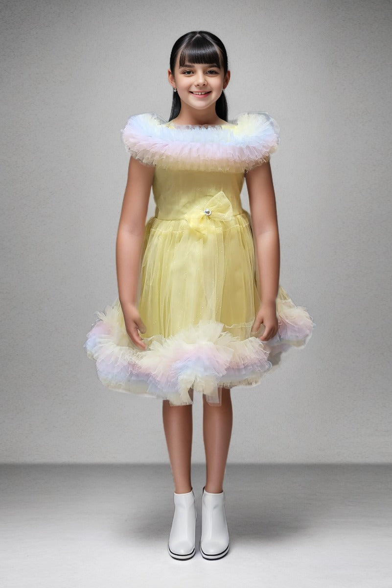 Yellow Color Sleeveless Net Frock