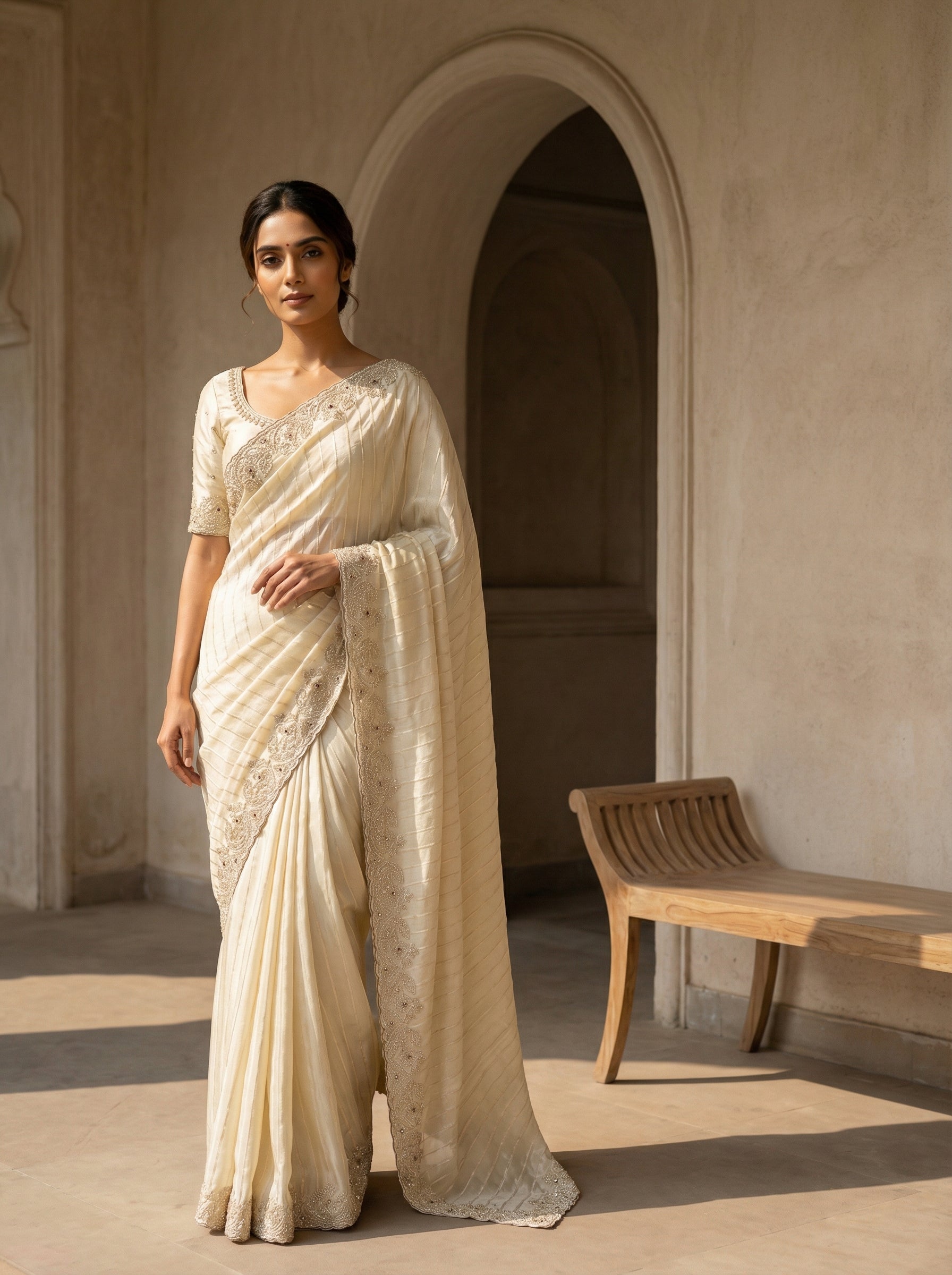 Off-White Women's Designer Saree with Beads & Stone Handwork