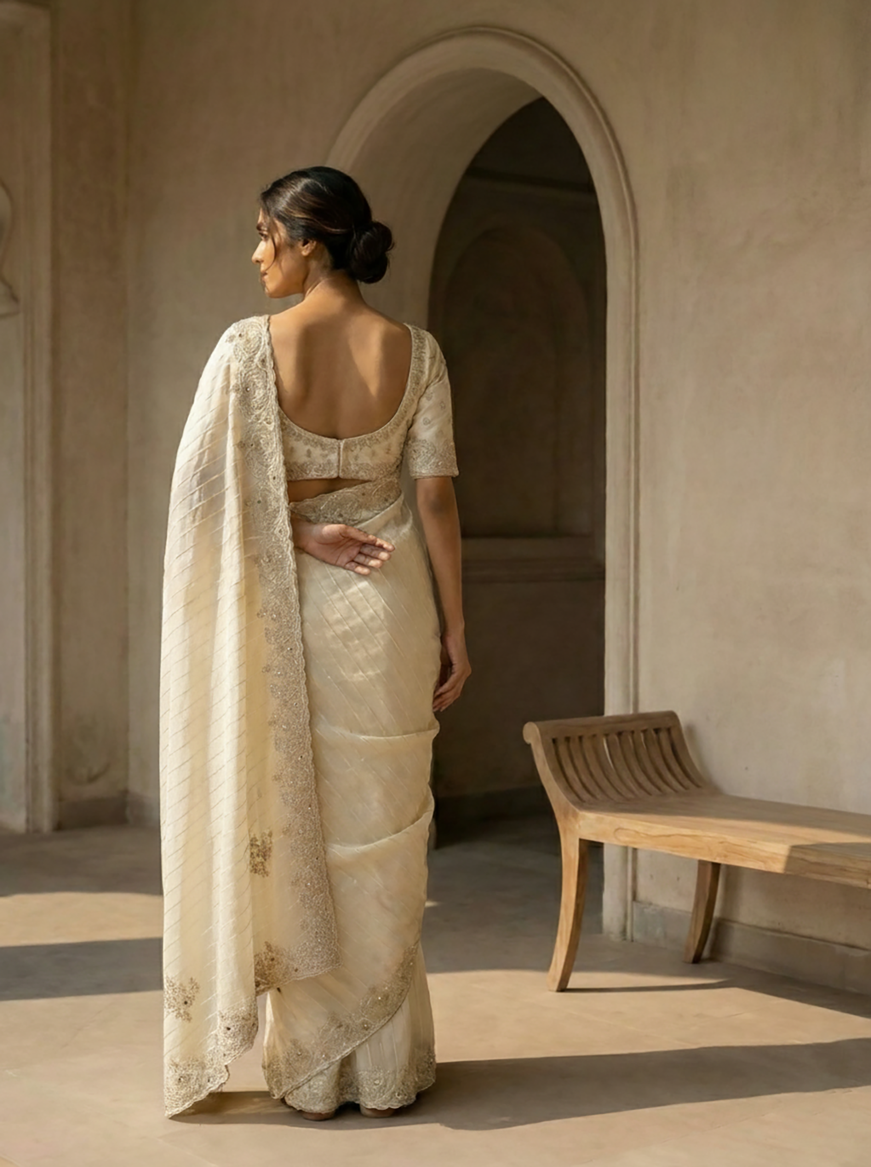 Off-White Women's Designer Saree with Beads & Stone Handwork