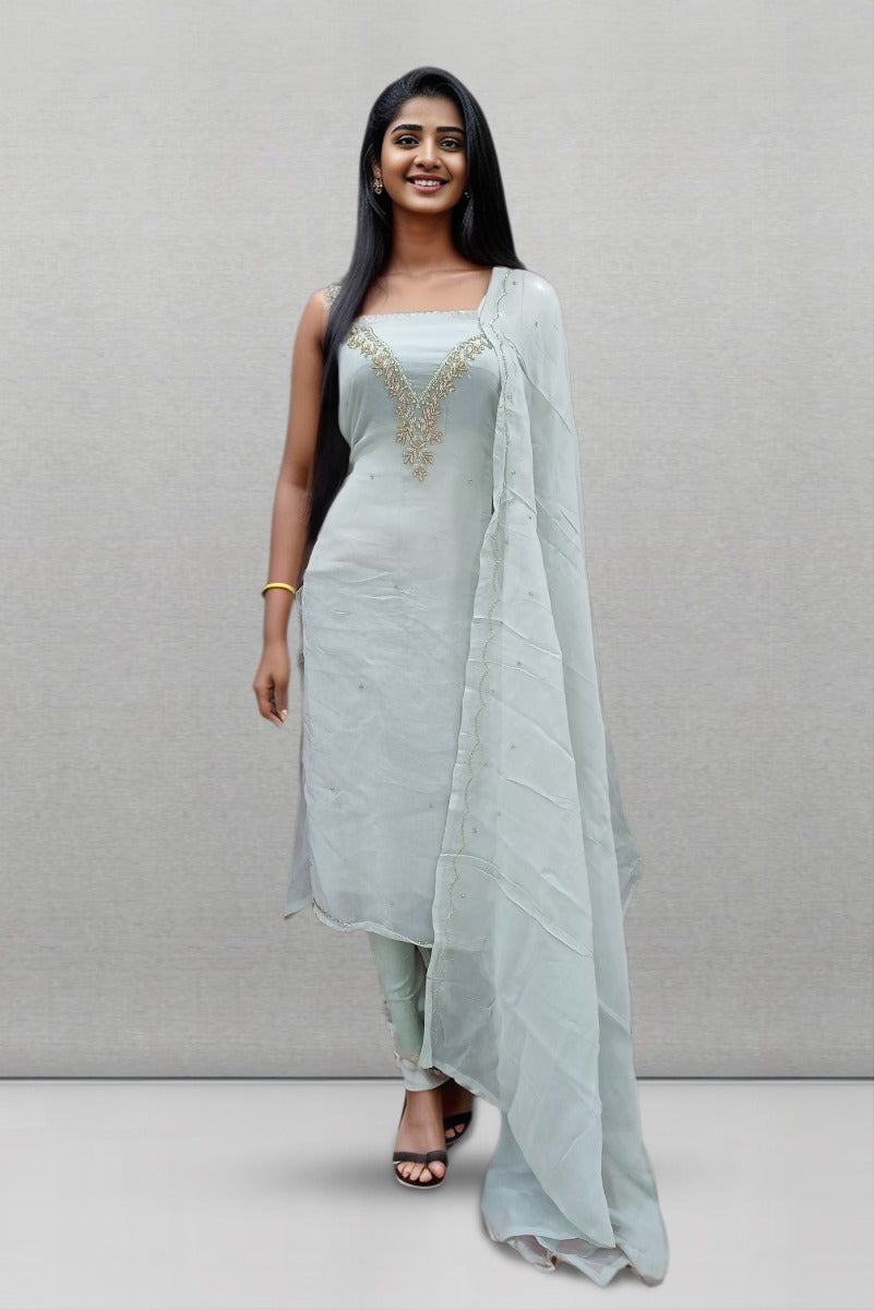 Pastel Green Color Organza Salwar Material With Beads And Stone Work