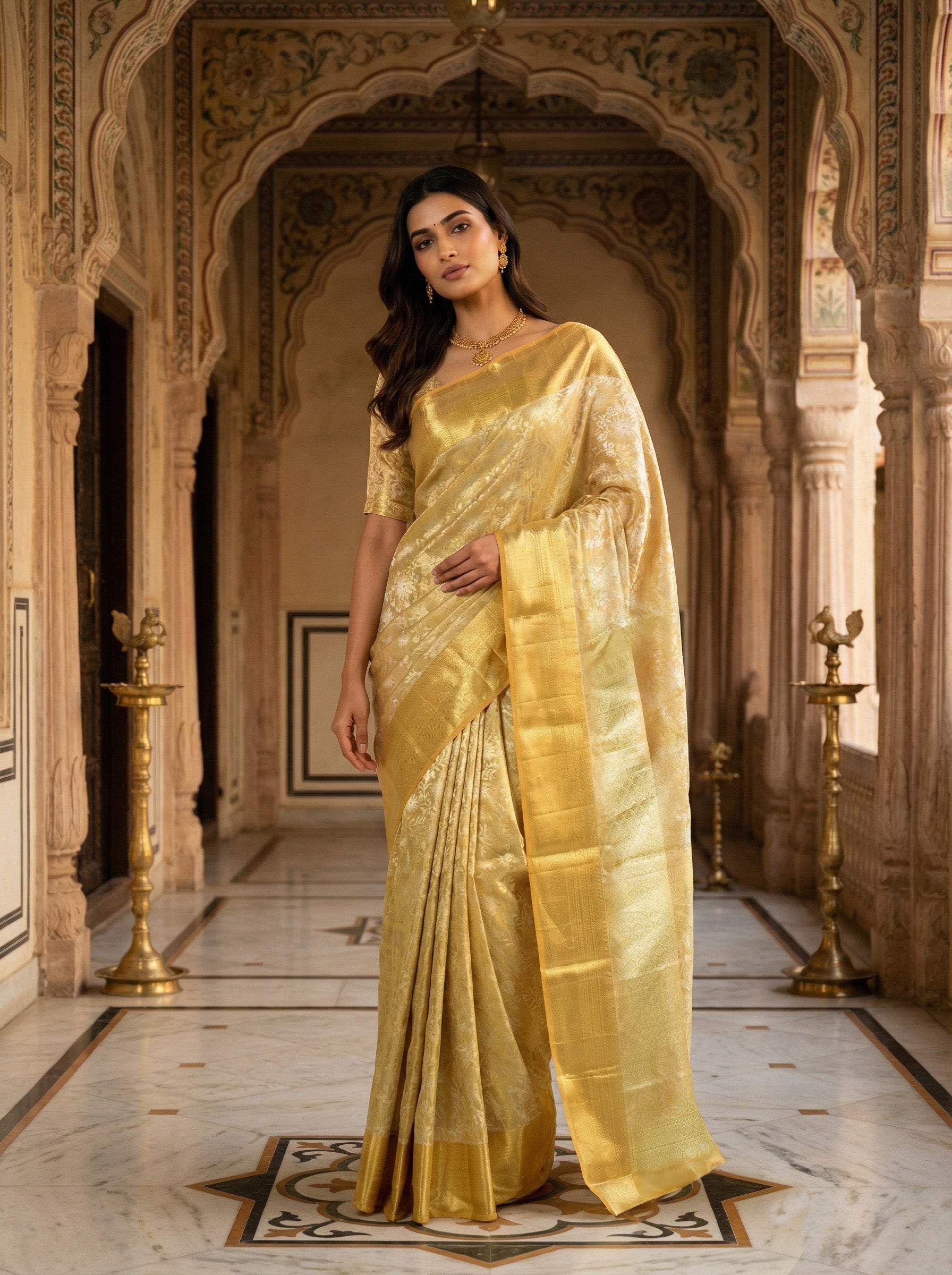 Cream Gold Kanchipuram Silk Raj Gharana Saree