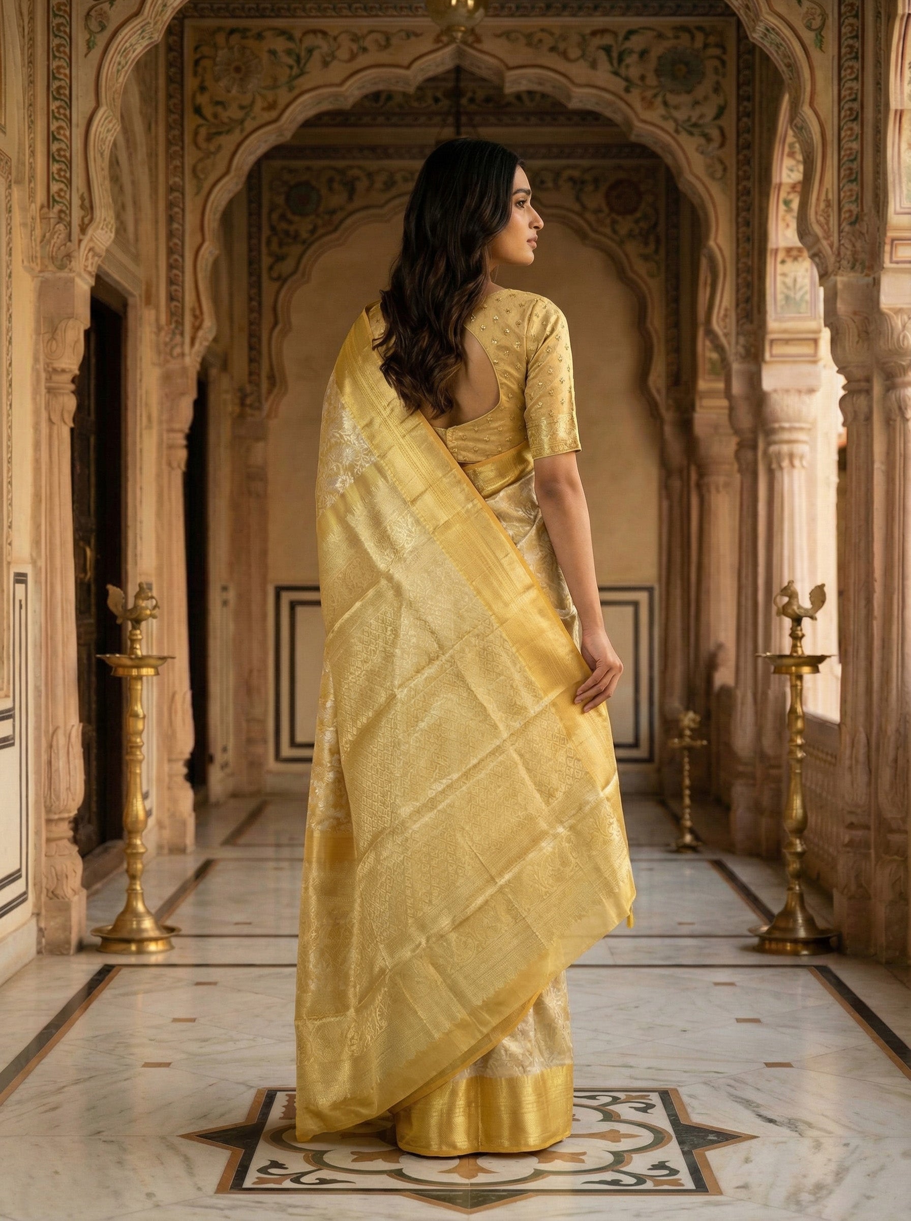 Cream Gold Kanchipuram Silk Raj Gharana Saree