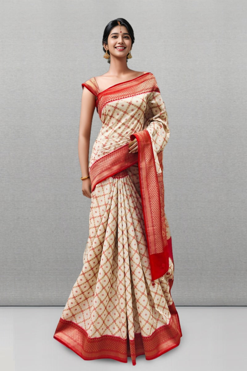 Floral White & Red Color Banarasi Silk Saree With Golden Jeri Work
