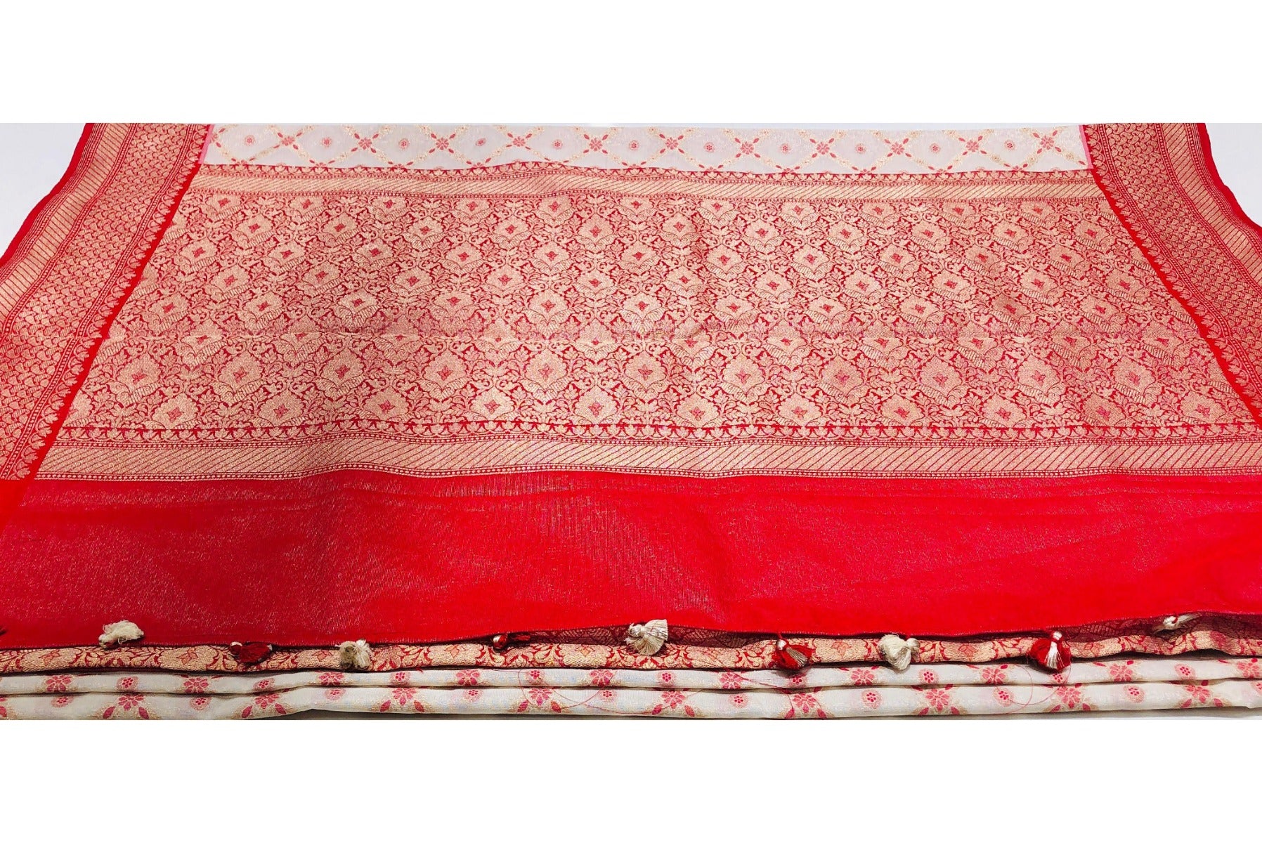 Floral White & Red Color Banarasi Silk Saree With Golden Jeri Work