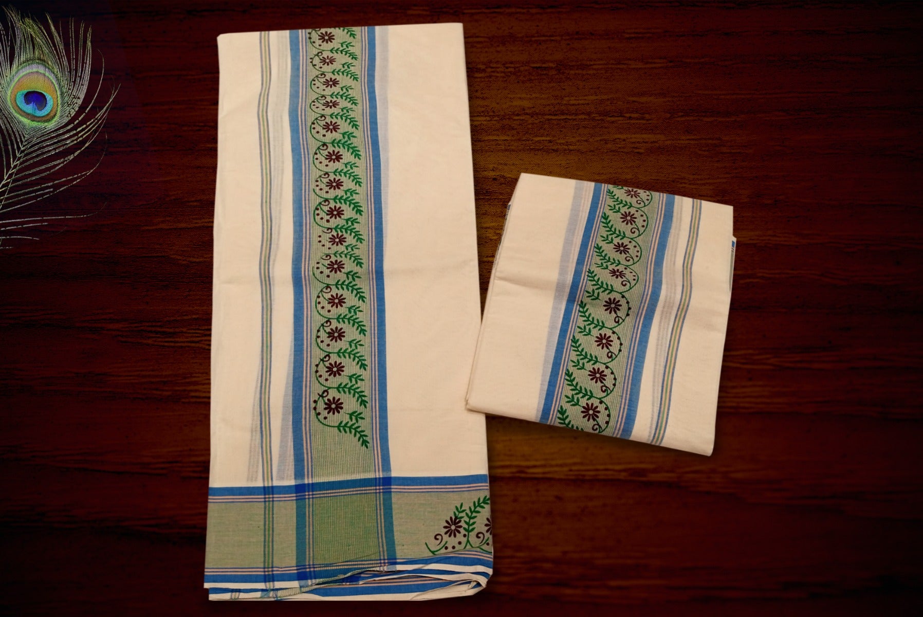 Off White Color Cotton Printed Set Dhoti With Green Color Border