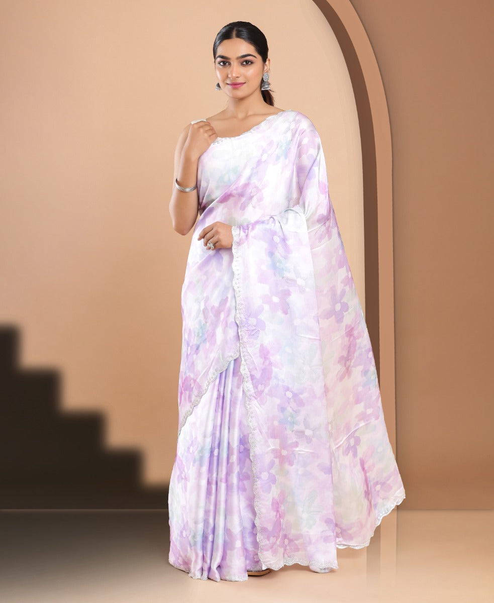 Satin Ethnic Wear Lavender Color Saree