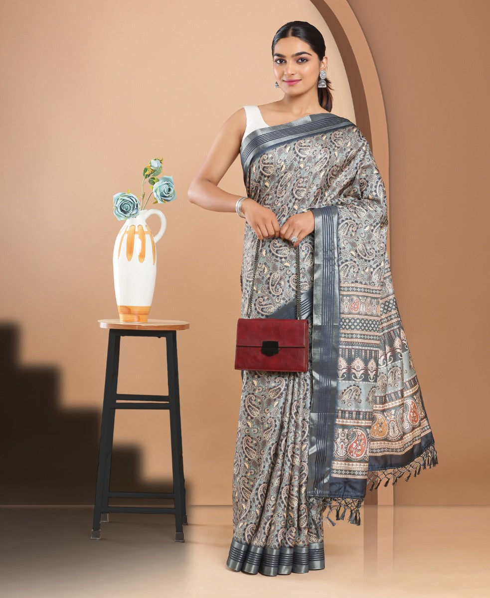 Jute Silk Casual Wear Grey Color Paisley Printed Saree