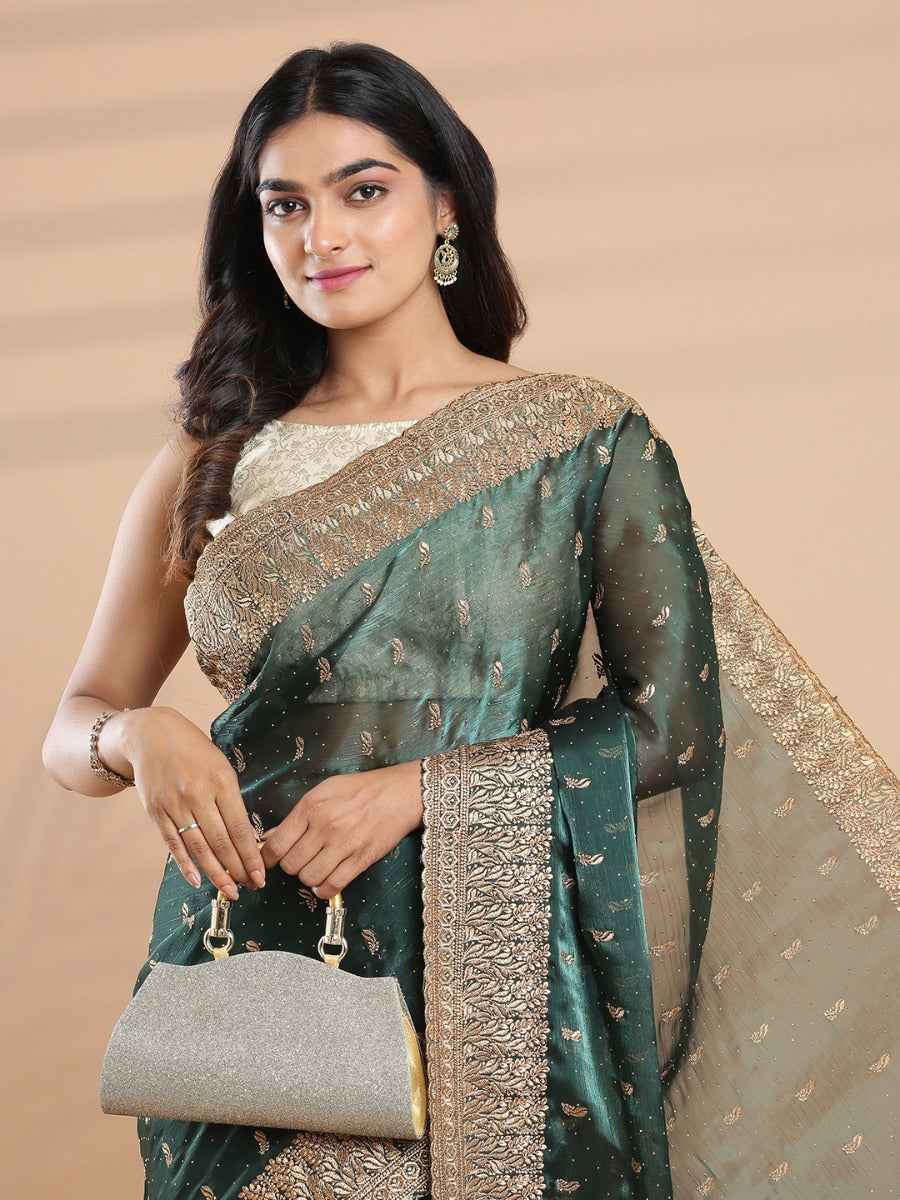 Bottle Green Color Organza Saree With Golden Small Buttas & Mini Stone Works