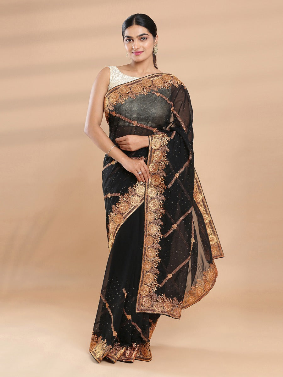 Black Color Georgette Saree With Golden Stripe Embroidery Design On Body