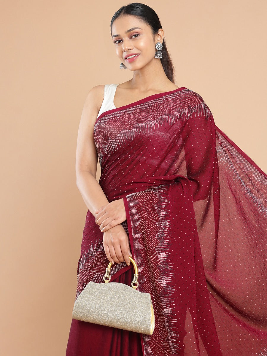 Maroon Color Chiffon Saree With Mini Stone Work All Over Design