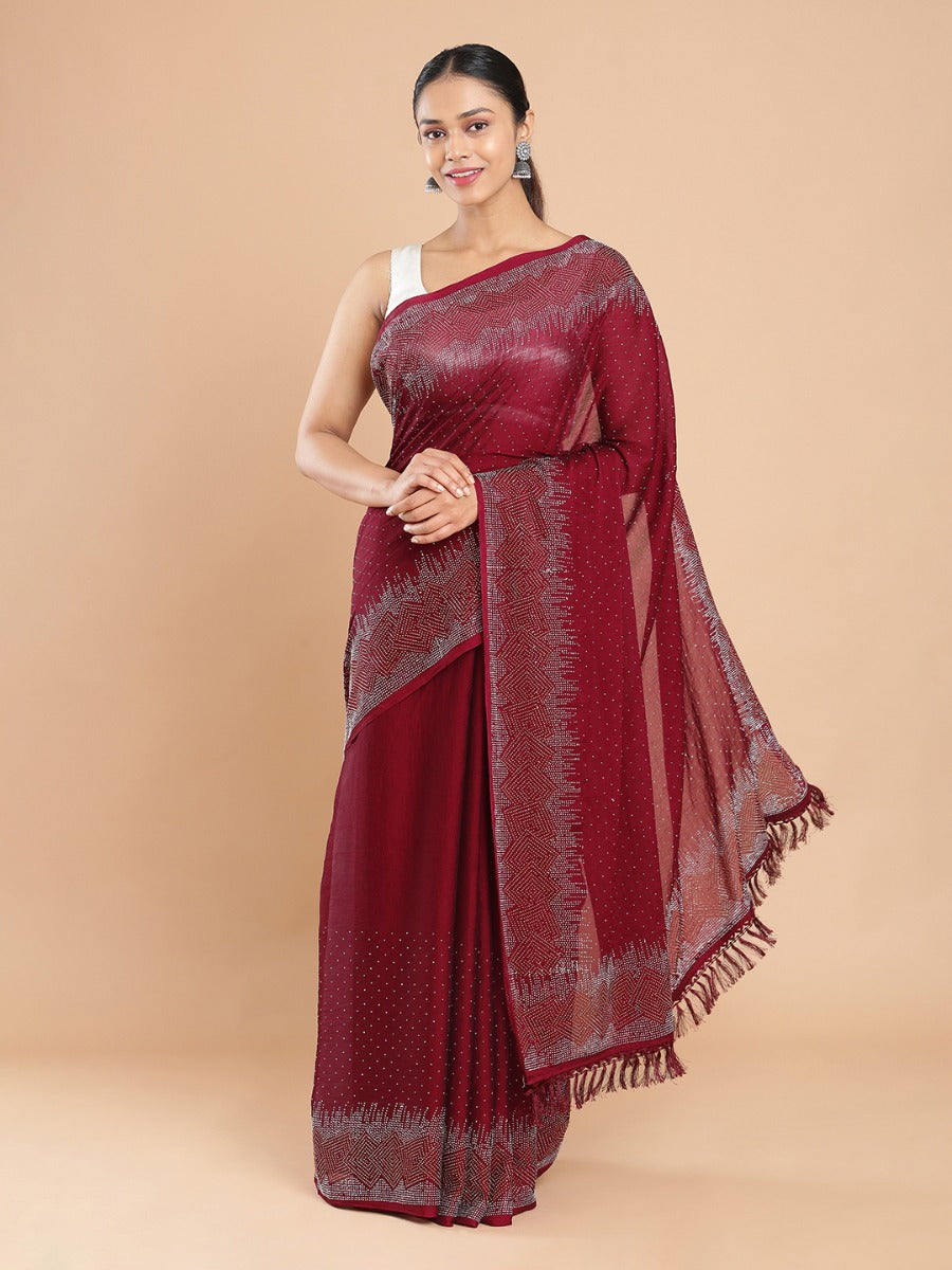 Maroon Color Chiffon Saree With Mini Stone Work All Over Design