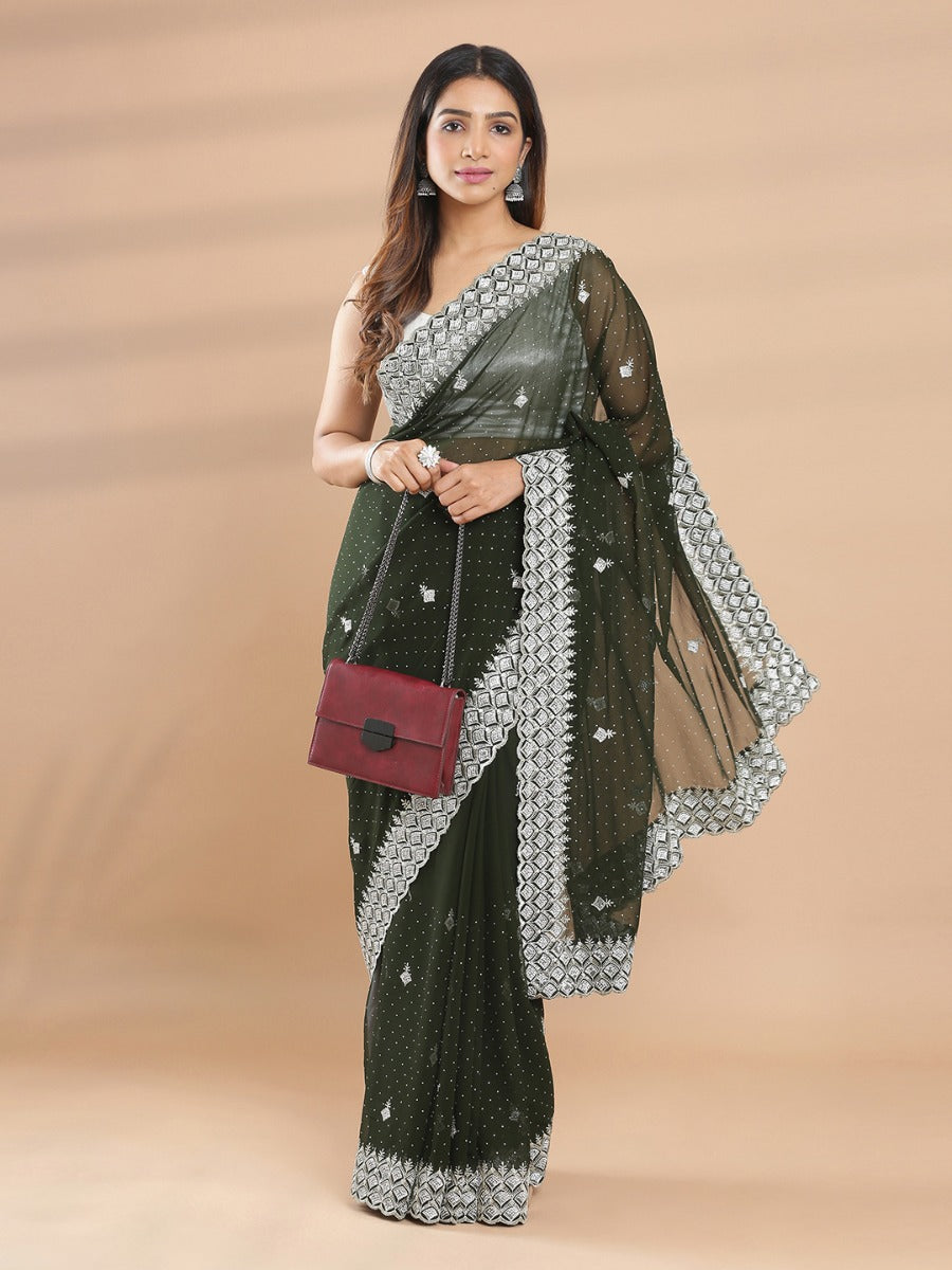 Army Green Color Georgette Saree With Silver Embroidery & Stones On Body
