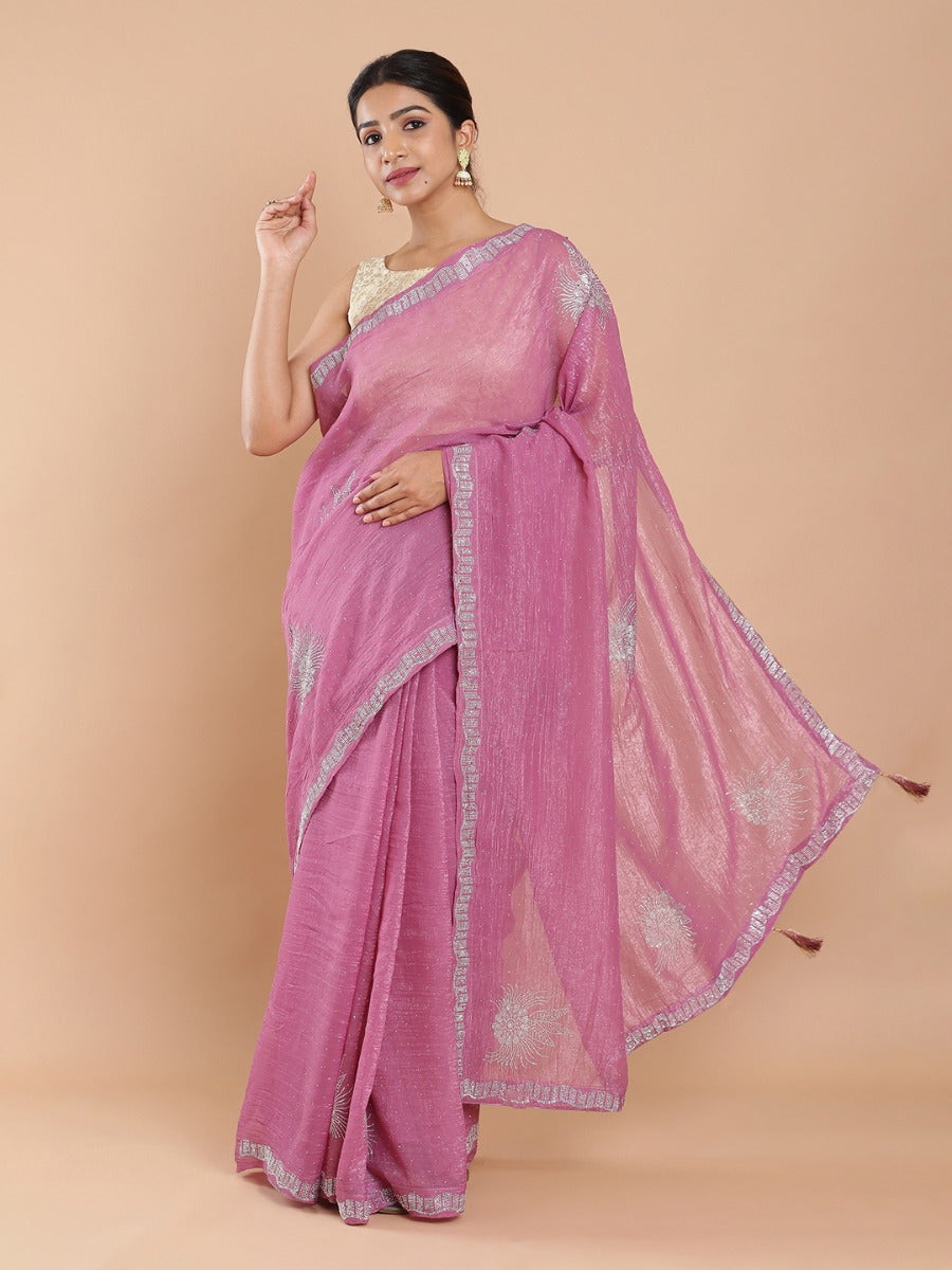 Onion Pink Color Shimmer Chiffon Mini Stone Work All Over Design