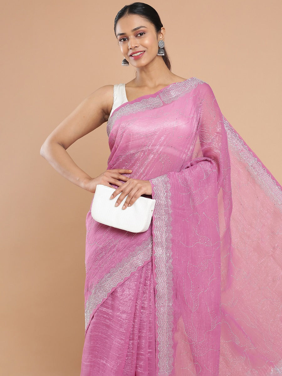 Light Onion Pink Crushed Organza Saree With Mini Stone Work