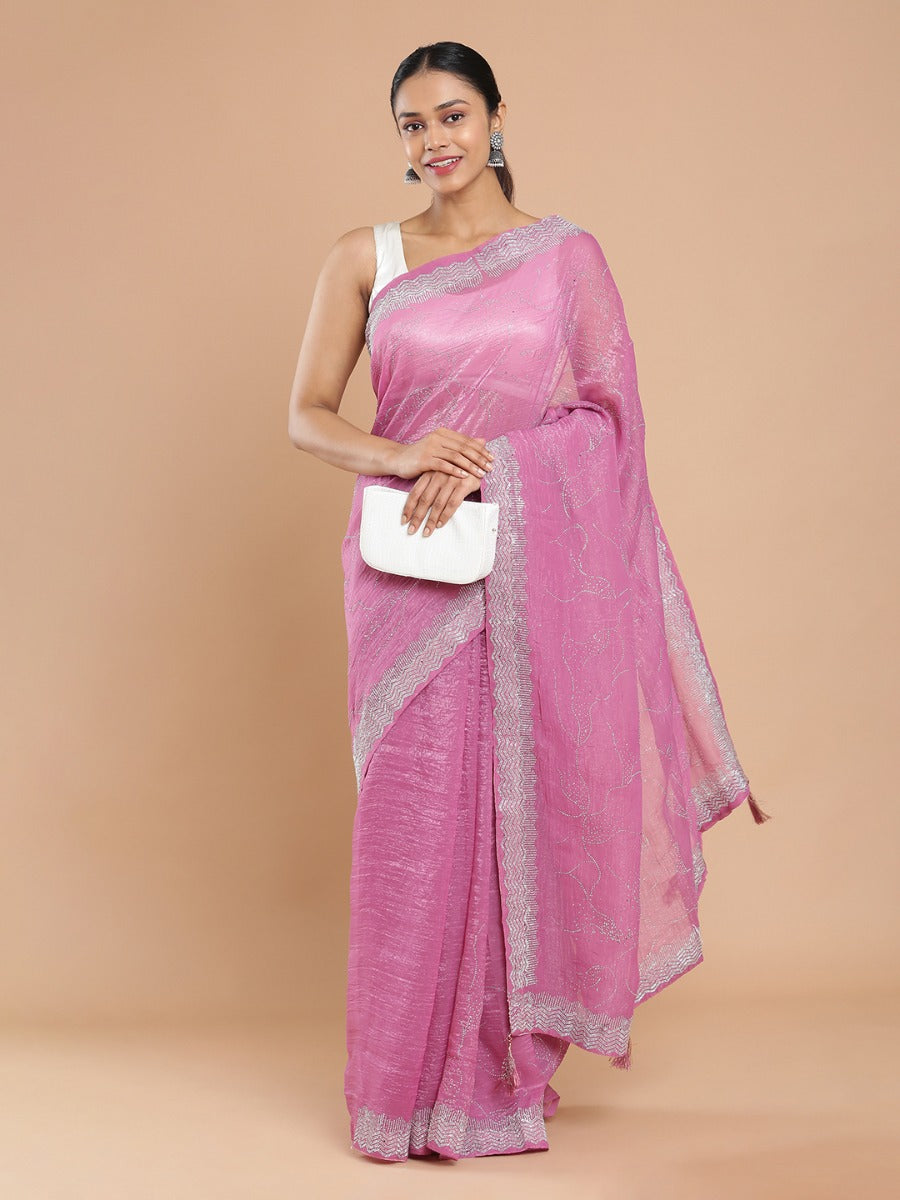 Light Onion Pink Crushed Organza Saree With Mini Stone Work