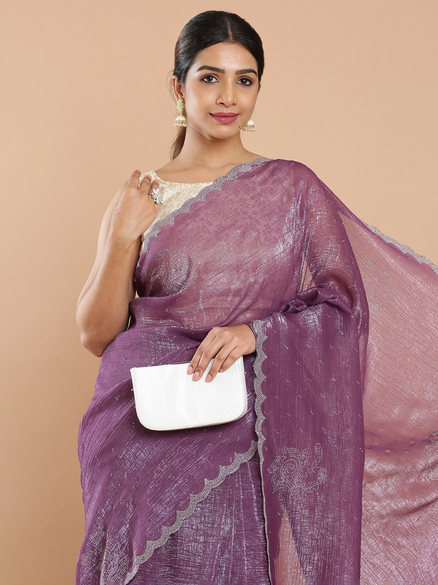 Dusty Grape Color Shimmer Chiffon Mini Stone All Over Design