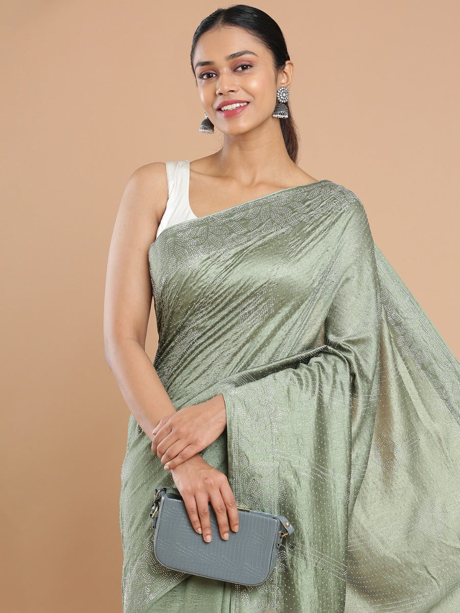 Pastel Green Vijithra Silk Saree With Mini Stone Work All Over Design