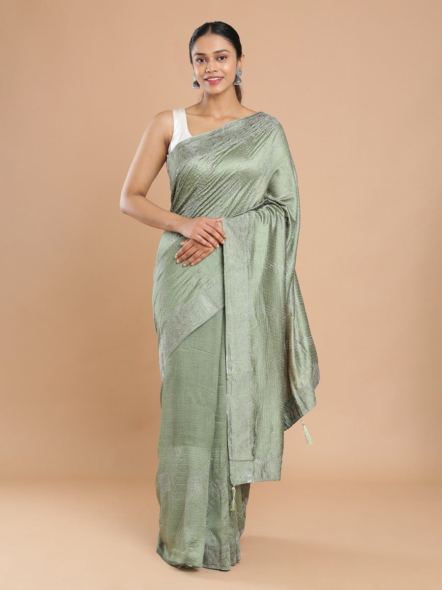 Pastel Green Vijithra Silk Saree With Mini Stone Work All Over Design