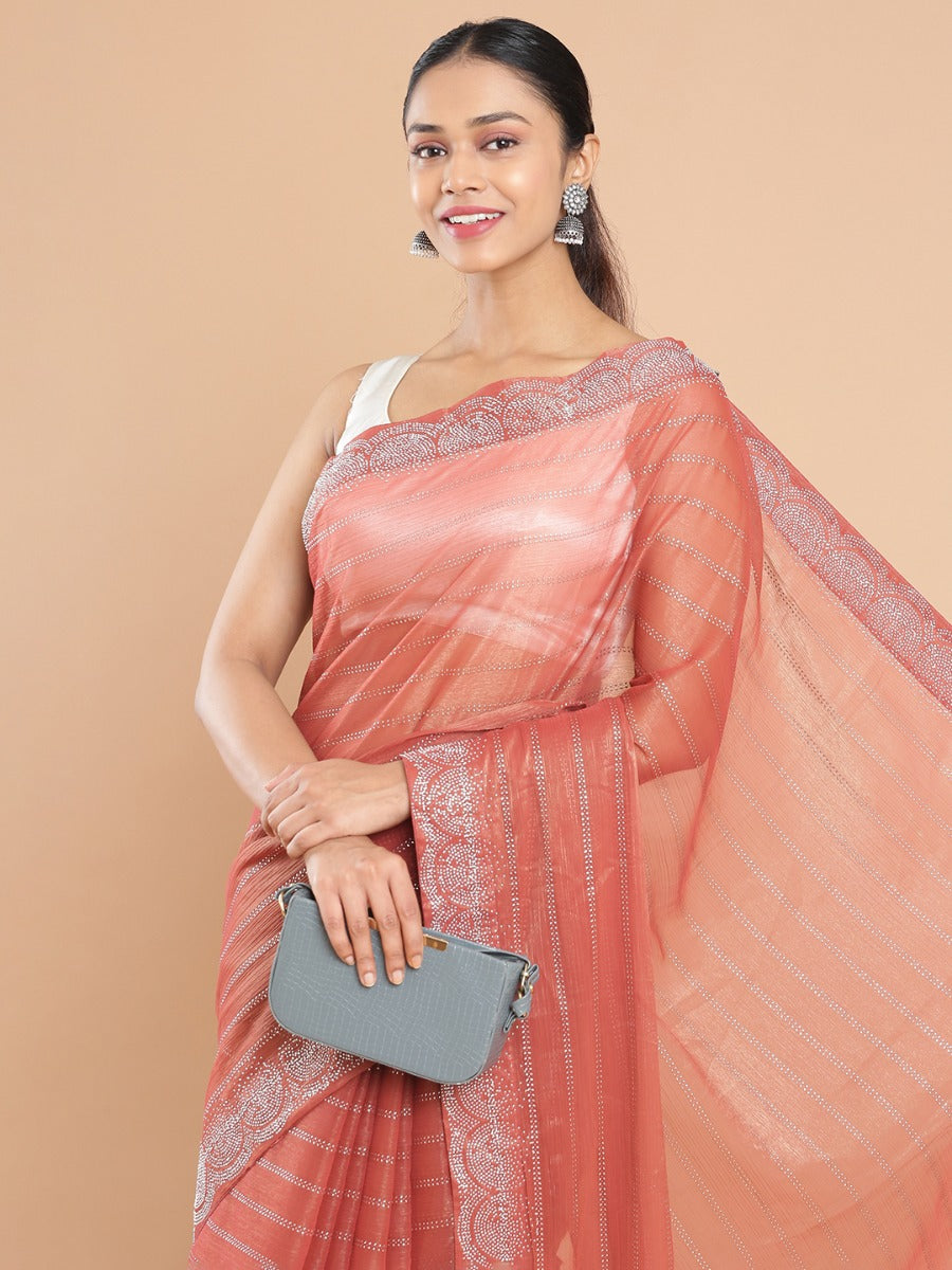 Brick Red Color Shimmer Chiffon Saree With Metalic Glitter Glue Work All Over Design