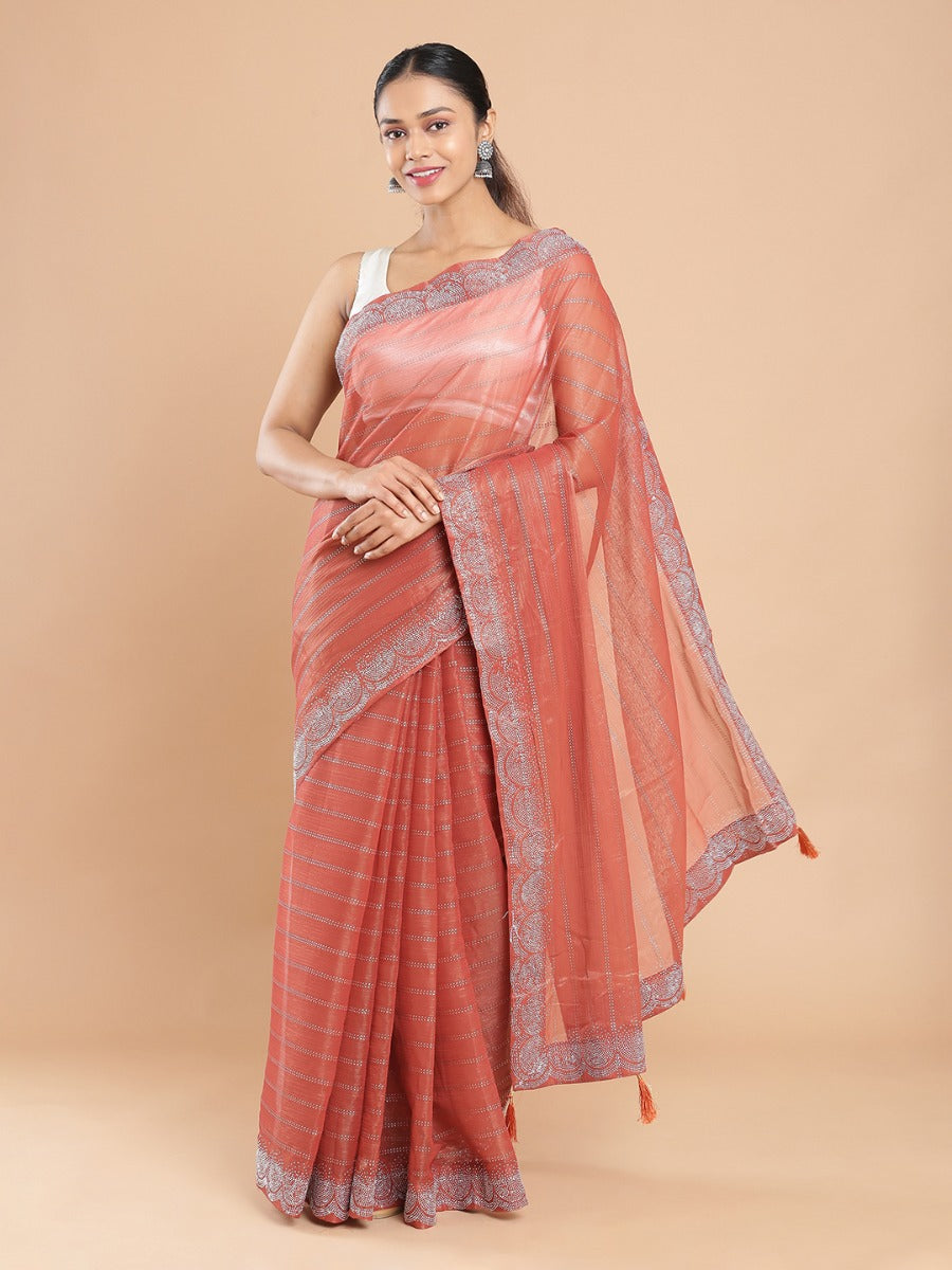 Brick Red Color Shimmer Chiffon Saree With Metalic Glitter Glue Work All Over Design