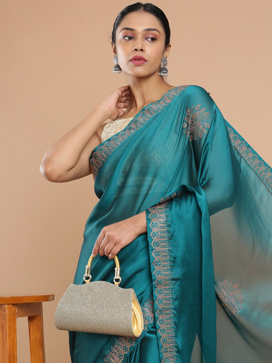 Teal Green Chiffon Saree With Copper Mini stone All Over Design
