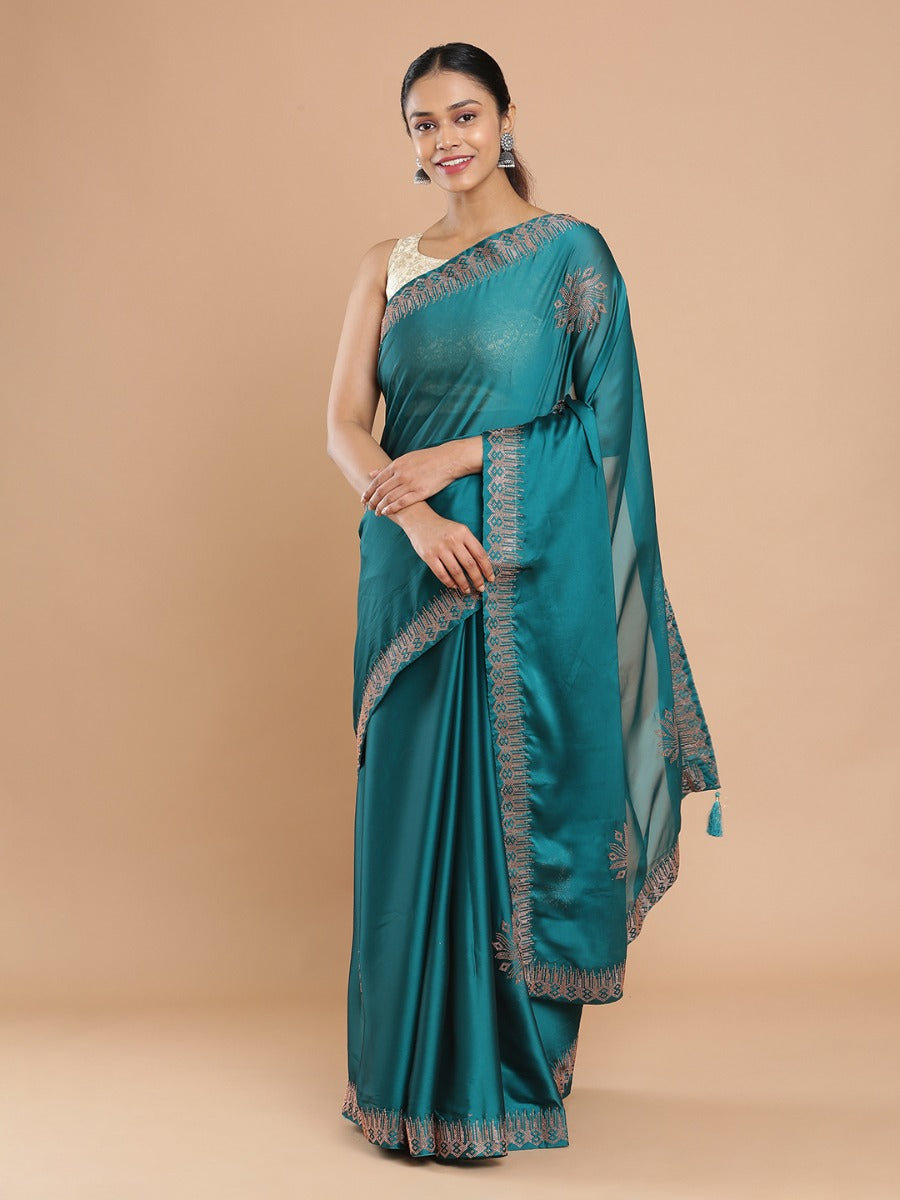 Teal Green Chiffon Saree With Copper Mini stone All Over Design