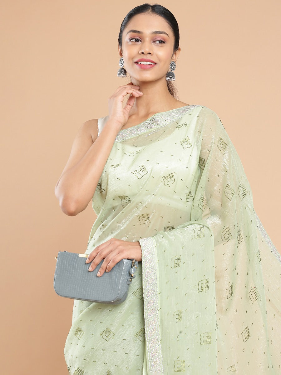 Pista Green Stone Worked Organza Saree