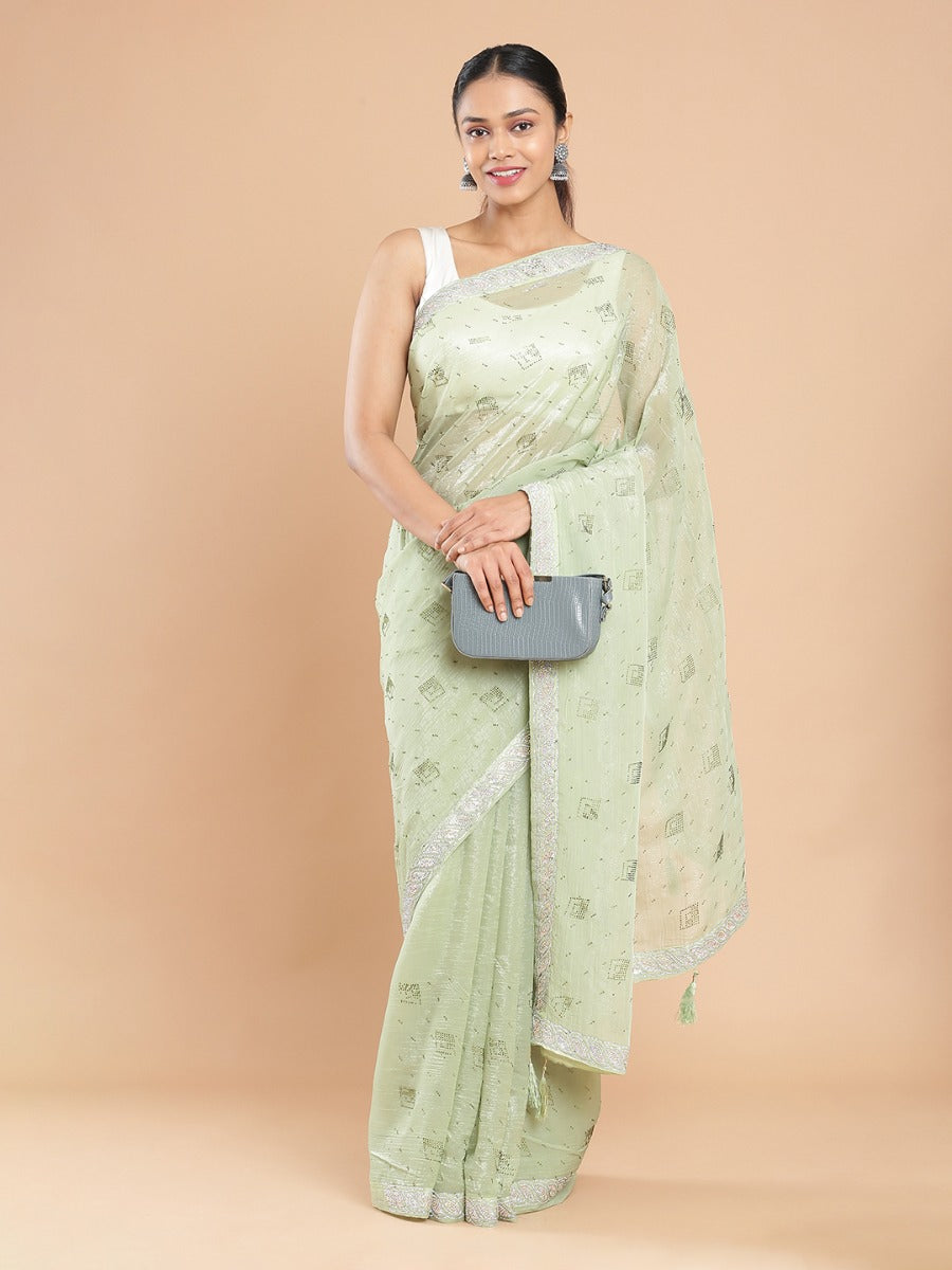 Pista Green Stone Worked Organza Saree